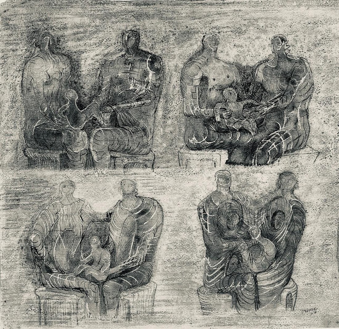 Henry Moore, Studies for Family Group, The Drawings of Henry Moore, Limited Edition Lithograph: Lithograph on velin paper. Paper size: 13.5 x 12.5 inches. Excellent condition. Unsigned and unnumbered, as issued. Notes: From the folio, The Drawings of Henry Moore, 1946. Published by Curt Valentin
