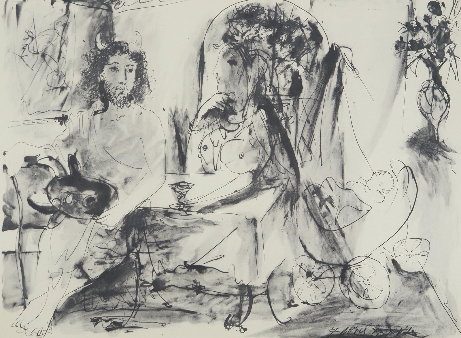 Pablo Picasso, Composition (Orozco 238), Picasso, La flute double, Limited Edition Lithograph: Lithograph and stencil on papier a la cuve du moulin Richard de Bas paper, specialement filigrane pour cette edition. Paper size: 16.5 x 22.5 inches. Excellent condition. Unsigned and unnumbered, as i