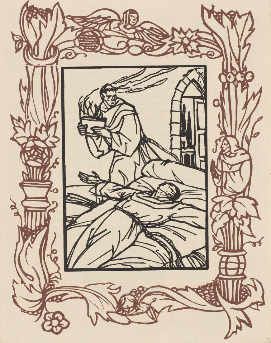 Emile Bernard, Composition (Morane, No. 100), Les Petites Fleurs de St. Francoise, Limited Edition: Wood engraving on verge d'Arches paper. Paper size: 12.8125 x 9.8125 inches. Excellent condition. Unsigned and unnumbered, as issued. Notes: From the volume, Les Petites Fleurs de St. Francois, 1928.