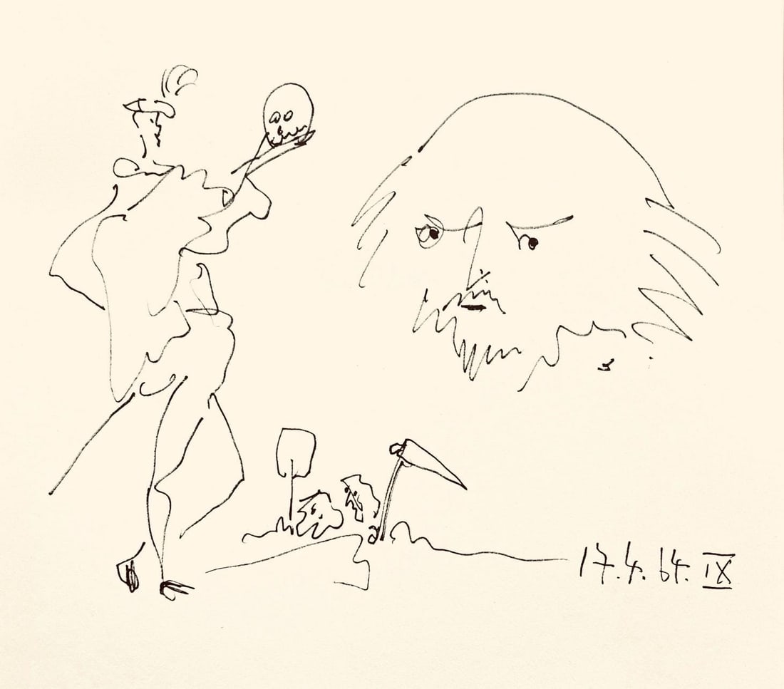 Pablo Picasso, Shakespeare IX (Bloch 1197), Picasso-Aragon Shakespeare, Limited Edition Lithograph: Lithograph on velin paper. Paper Size: 19 x 13 inches. Excellent condition. Inscription: Unsigned and unnumbered, as issued. Notes: From the volume, Picasso-Aragon Shakespeare, 1965. Published by Harr