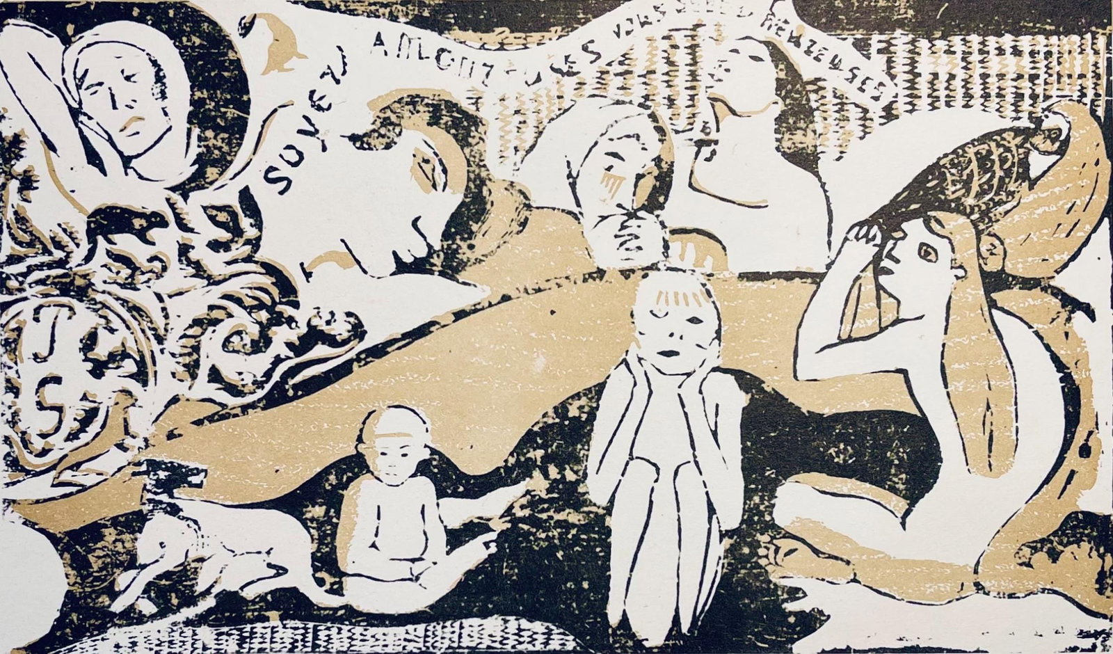 Paul Gauguin, Be in Love and You will be Happy, Limited Edition Woodcut: Woodcut on velin Utopian paper. Paper Size: 13 x 17 inches. Excellent condition. Inscription: Unsigned and unnumbered, as issued. From the folio, Gauguin, A portfolio of 12 color woodblocks, Paul Gaug