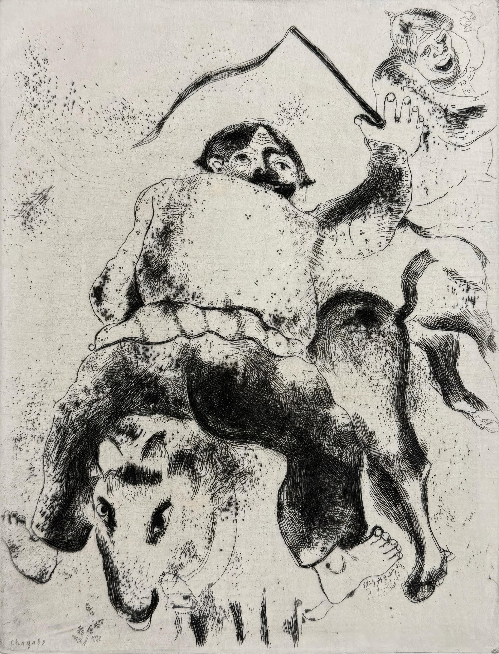 Marc Chagall, Father Mitiai and Father Miniai, from Dead Souls, Limited Edition Etching, 1923-1927: This exquisite etching by Marc Chagall (1887-1985), titled Le pere Mitiai et le pere Miniai (Father Mitiai and Father Miniai), originates from the celebrated folio Nicolas Gogol, Les Ames mortes, Eaux