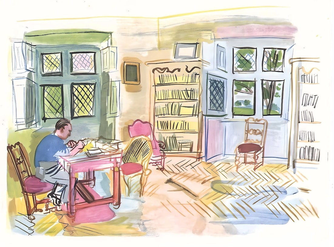Raoul Dufy, L'auteur dans son cabinet de travail, Vacances forcees: Lithograph on papier bouffant des Papeteries de Casteljoux paper. Paper Size: 12 x 9.25 inches. Excellent condition. Unsigned and unnumbered, as issued. Notes: From the folio, Vacances forcees 1970. P