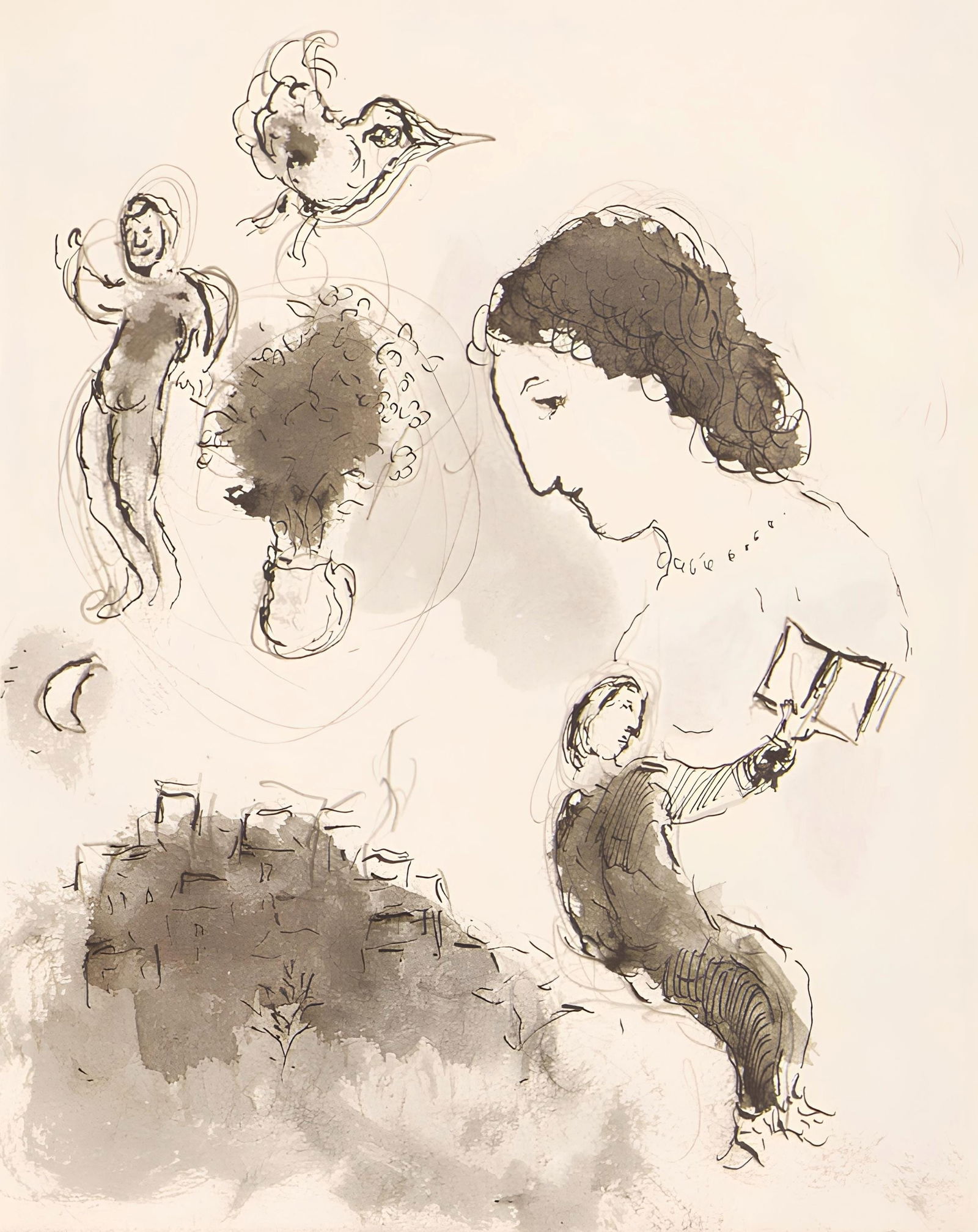 Marc Chagall, Composition, Lettres d'hivernage, Limited Edition Lithograph: Lithograph on velin Mazarine paper. Paper Size: 11 x 9 inches. Excellent condition. Inscription: Unsigned and unnumbered, as issued. Notes: From the album, Lettres d'hivernage, 1973. Published by Edit