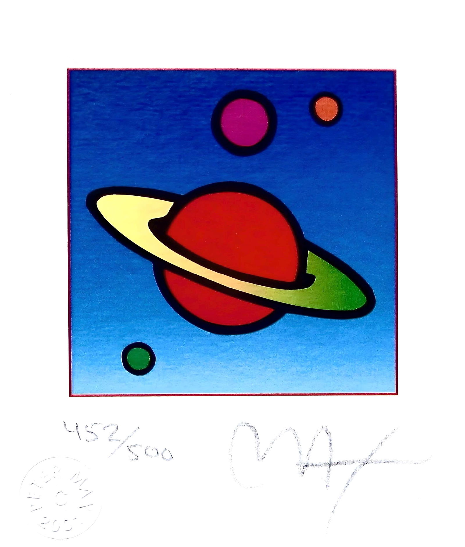 Peter Max, Cosmic Saturn, Hand Signed, Official Limited Edition Lithograph: Lithograph in colors on Lustro Saxony paper. Paper size: 3.5 x 3 inches. Inscription: Hand signed by Peter Max and numbered, as issued. Condition: Excellent. Notes: Published and printed by Via Max, I