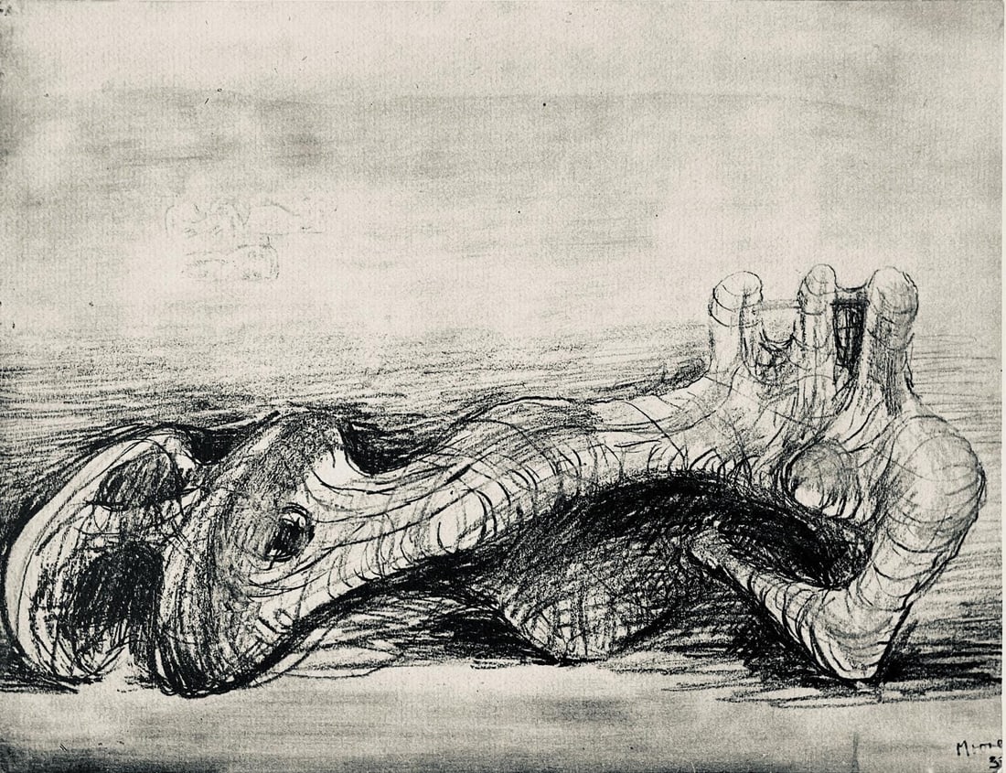 Henry Moore, Reclining Figure, The Drawings of Henry Moore, Limited Edition Lithograph: Lithograph on velin paper. Paper size: 12.5 x 13.5 inches. Excellent condition. Unsigned and unnumbered, as issued. Notes: From the folio, The Drawings of Henry Moore, 1946. Published by Curt Valentin