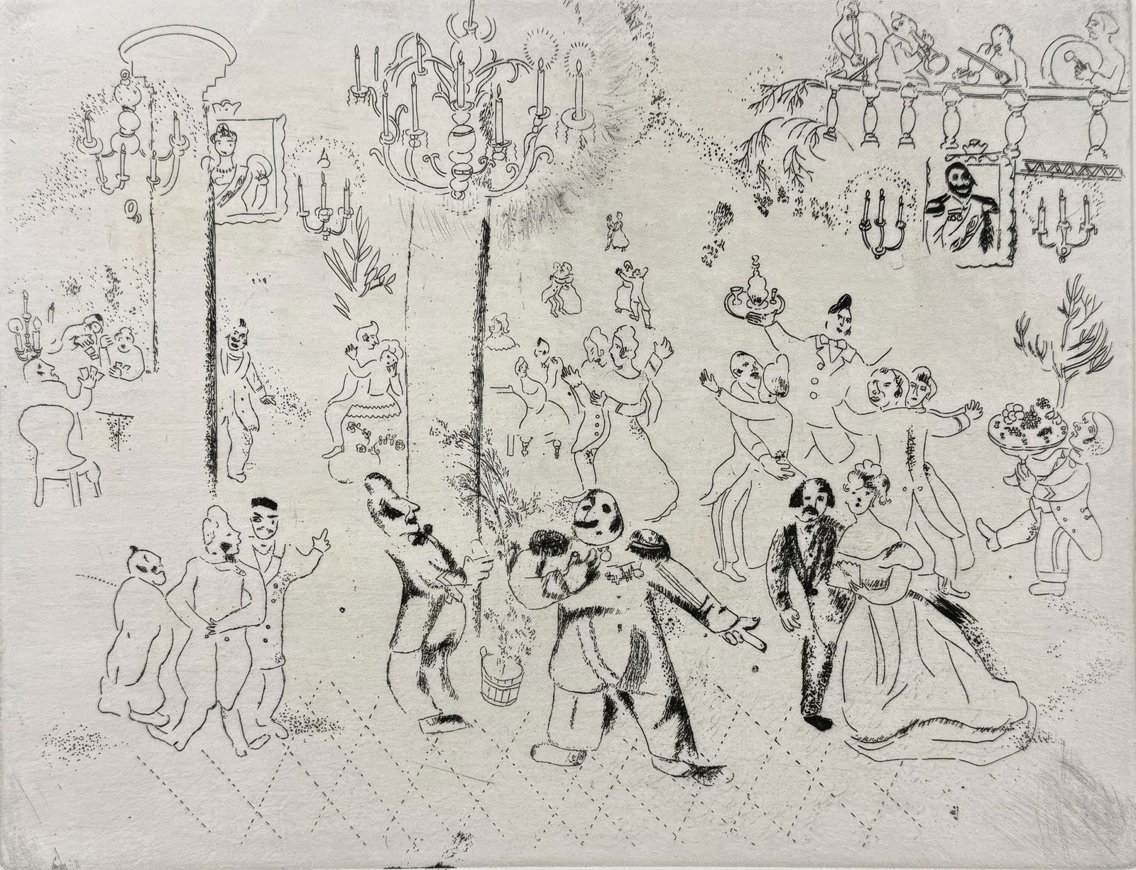 Marc Chagall, The Dreams of Tchitchikov, from Dead Souls, Limited Edition Etching, 1923-1927: This exquisite etching by Marc Chagall (1887-1985), titled La Soiree chez le gouverneur (The Evening at the Governors House), originates from the celebrated folio Nicolas Gogol, Les Ames mortes,