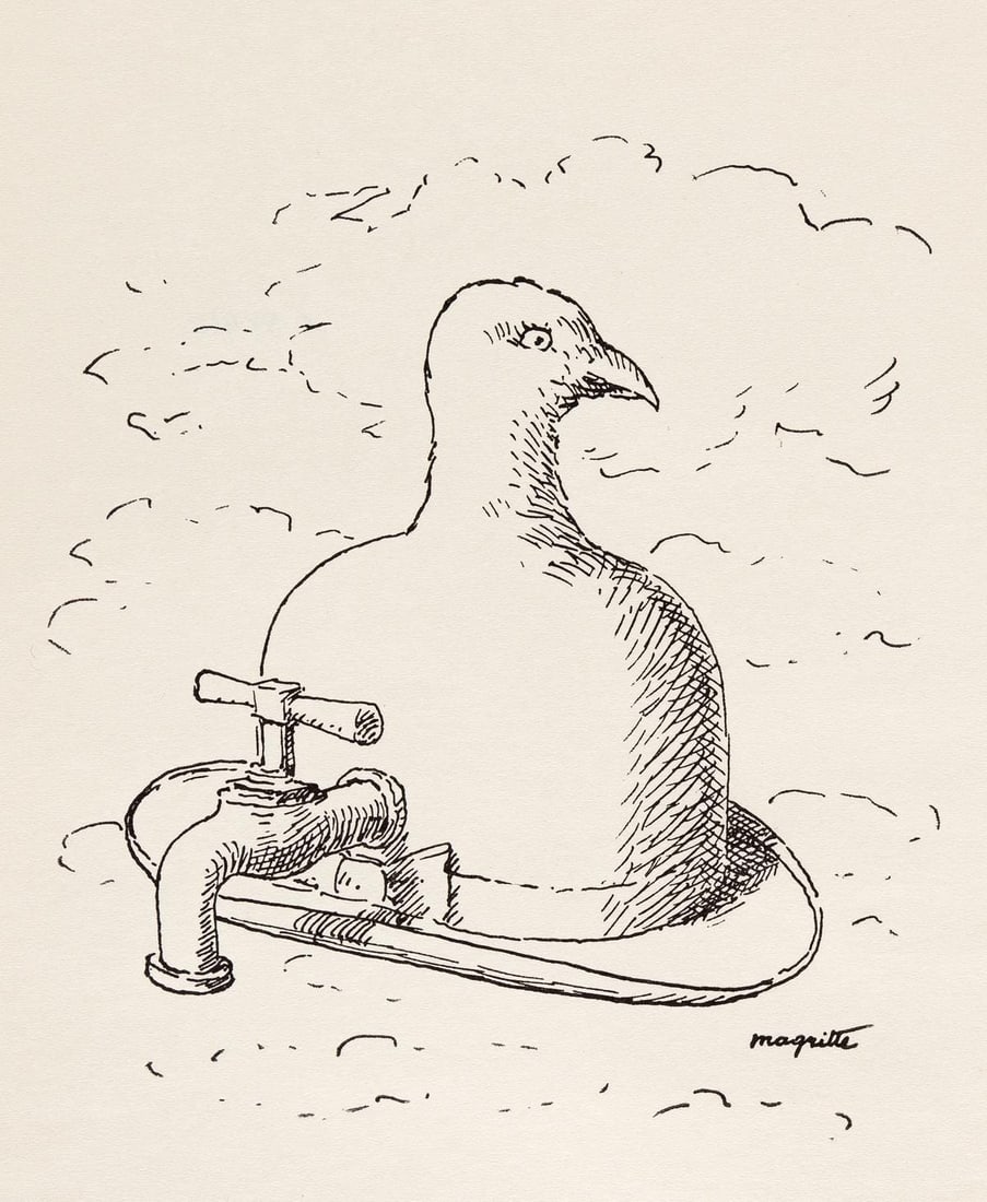 Rene Magritte, Composition, Dix dessins de Rene Magritte, Limited Edition Lithograph: Offset Lithograph on velin du Marais paper. Paper Size: 11 x 8.25 inches. Inscription: Unsigned and unnumbered, as issued. Notes: From the volume, Poemes 1923-1958. Dix dessins de Rene Magritte, 1959.