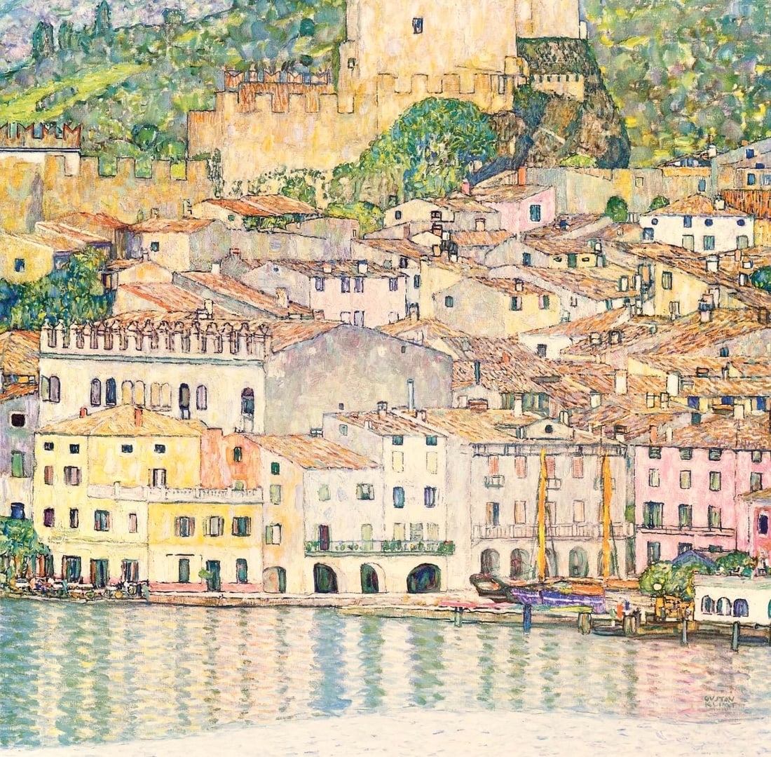 Gustav Klimt, Malcesine am Gardasee, from Eine Nachlese, Limited Edition Heliogravure and Collotype: Heliogravure and collotype with metallic inks on velin paper. Paper size: 18.86 x 17.91 inches, overall; 11.89 x 12.01 inches, image size. Inscription: Signed in the plate, and unnumbered, as issued.