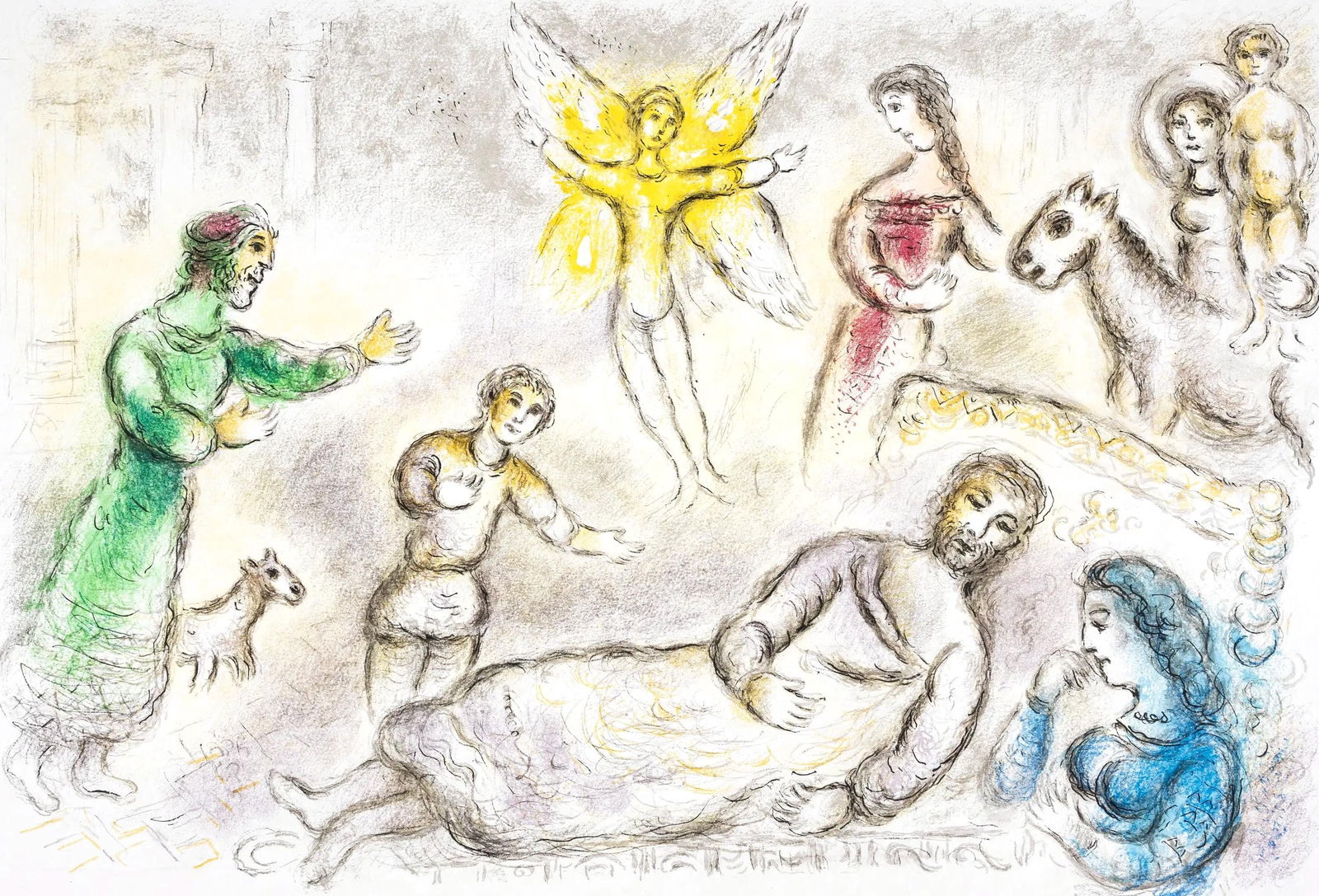 Marc Chagall, Der wiedergefundene Frieden, Homer, Die Odyssee, Limited Edition Lithograph: Lithograph on 250 g/m2 Butten Papierwerke Miliani AG, Fabriano paper. Paper Size: 14.88 x 23.38 inches, with centerfold, as issued. Inscription: Unsigned and unnumbered, as issued. Condition: Very goo