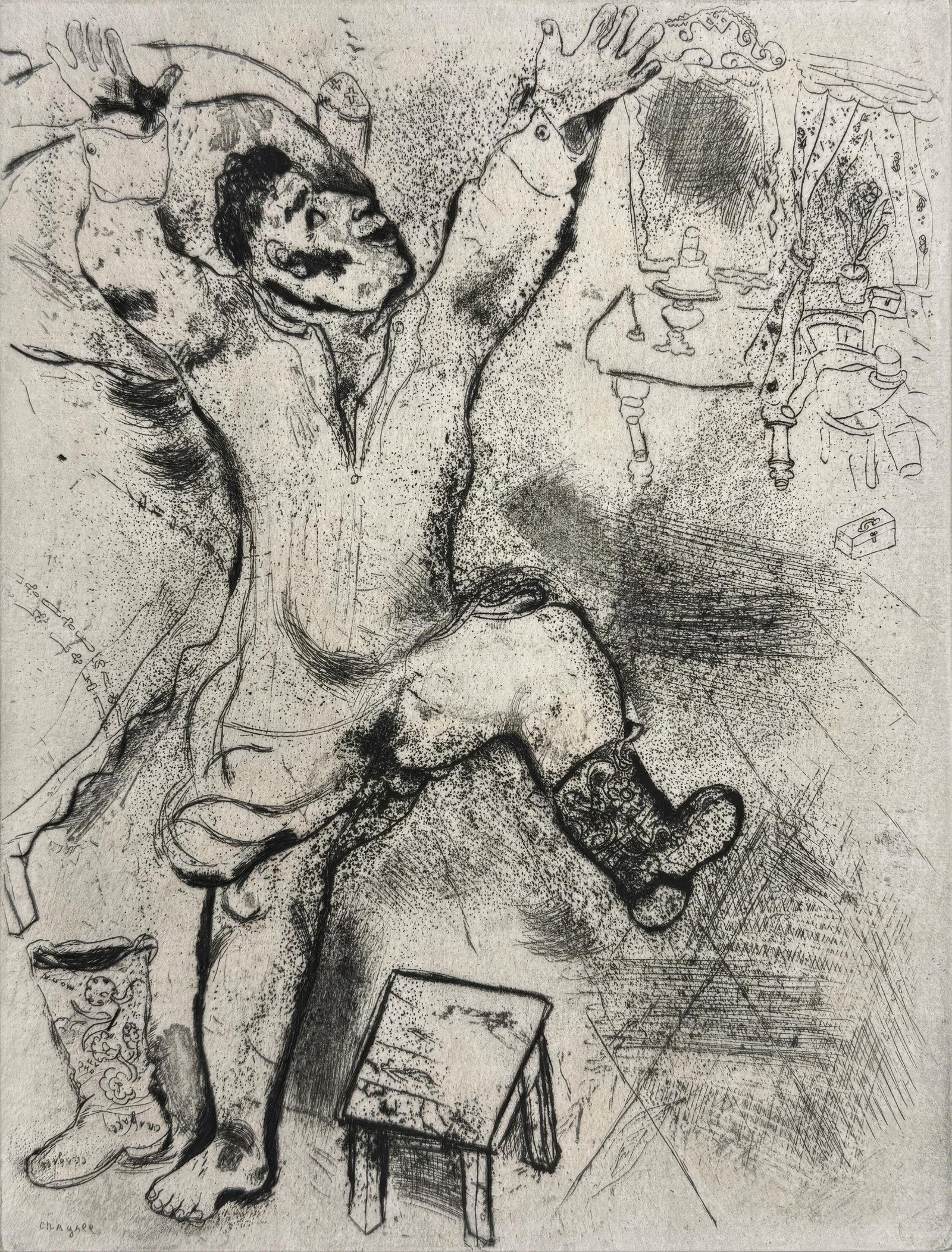 Marc Chagall, Tchitchikov Triumphs in His Shirt, from Dead Souls, Limited Edition Etching, 1923-1927: This exquisite etching by Marc Chagall (1887-1985), titled Tchitchikov triomphe en chemise (Tchitchikov Triumphs in His Shirt), originates from the celebrated folio Nicolas Gogol, Les Ames mortes, Eau