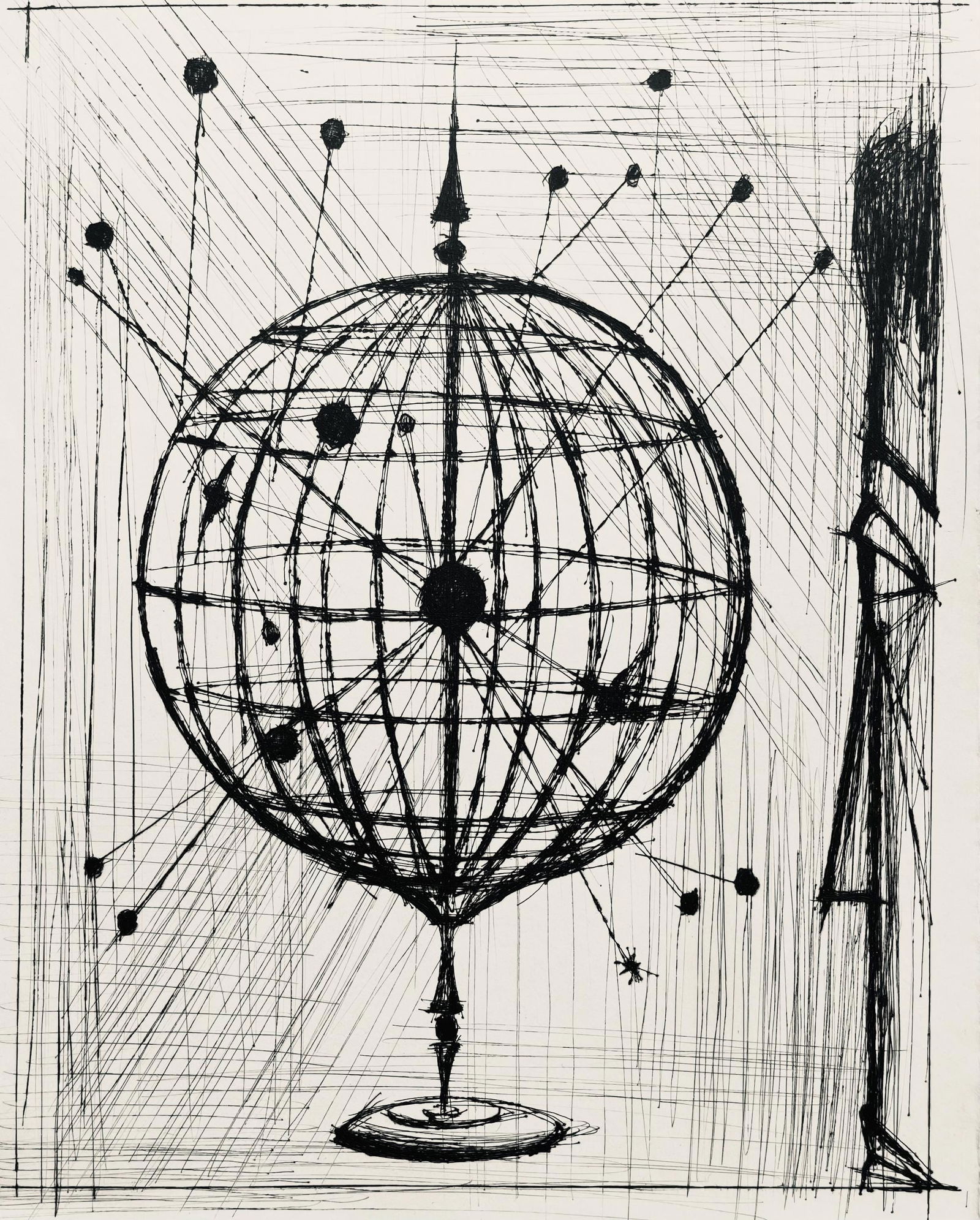 Bernard Buffet, Composition (Reinz 208-222), Voyages Fantastiques, Limited Edition Etching: Drypoint etching on papier de Rives B.F.K. pur fil paper. Paper size: 16.125 x 12.875 inches. Excellent condition. Unsigned and unnumbered, as issued. Notes: From the folio, Voyages fantastiques aux