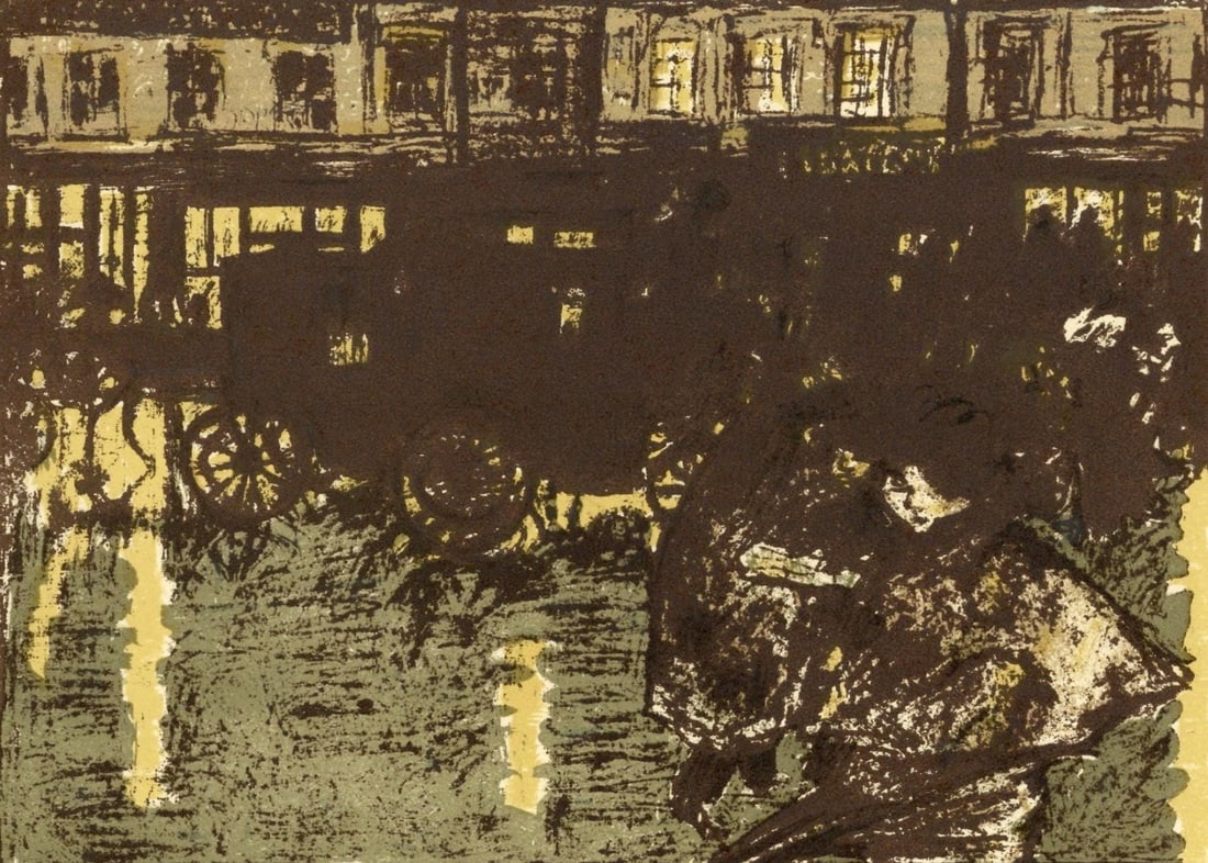 Pierre Bonnard, Rue le soir sous la pluie, Bonnard Lithographe, Limited Edition Lithograph: Lithograph on grand velin Renage filigrane a la marque de l'editeur paper. Inscription: Unsigned and unnumbered, as issued. Paper Size: 9.5 x 12.5 inches; image size: 7.48 x 10.24 inches. Excellent co