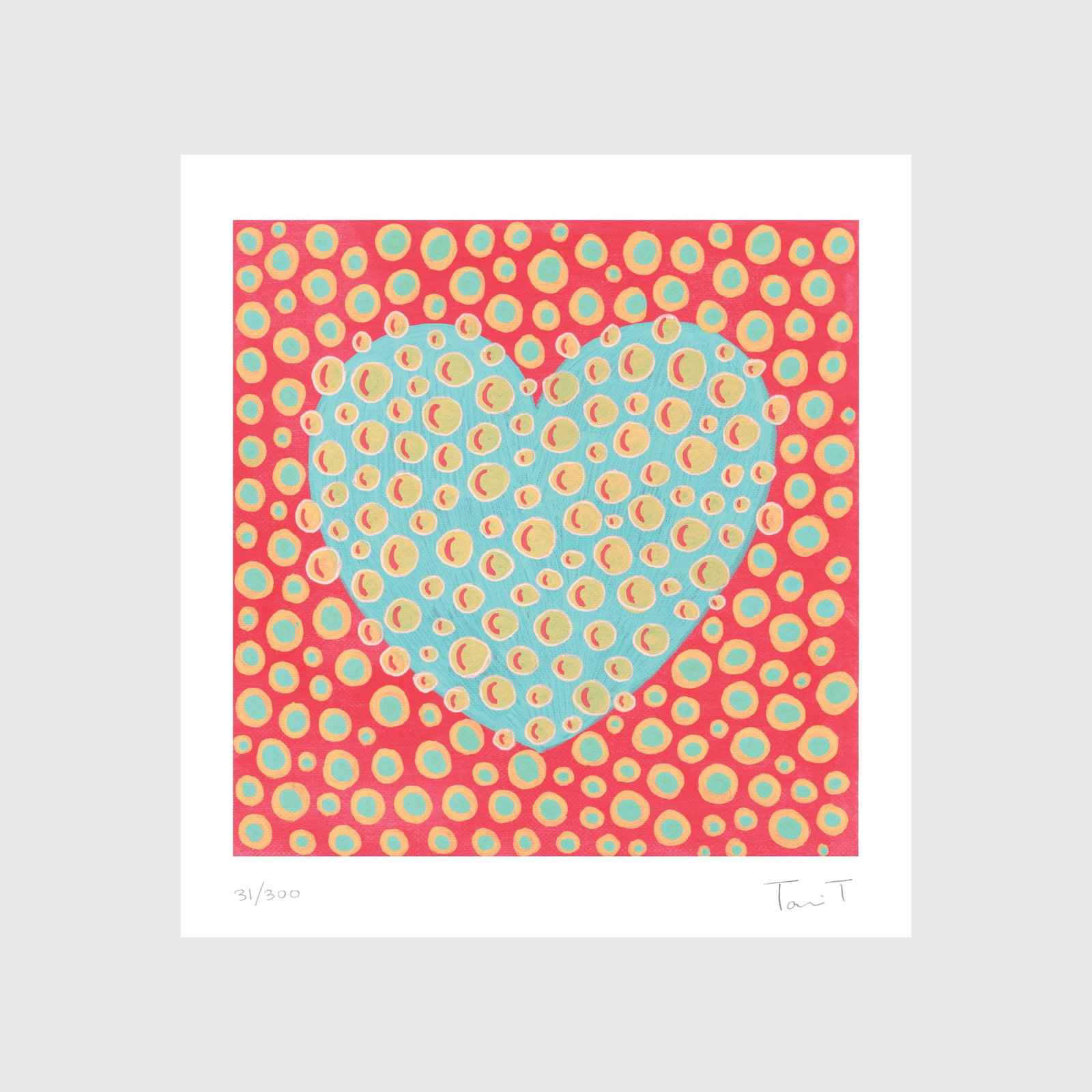 Valentines Day Blue Love Heart Print, (Signed, Limited Edition): Artist: Tanvi Thakur (1996) Title: Blue Love, Hearts with Dots Series Year: 2026 Medium: Archival Pigment Print on Paper Edition: 300 Size: 7 x 7.5 inches Inscription: Signed and numbered by the artis