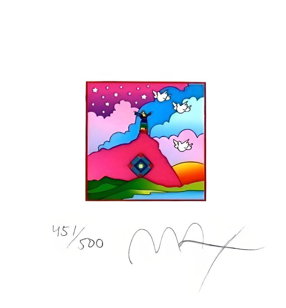 Peter Max, Sage on Mountain, Hand Signed, Official Limited Edition Lithograph: Lithograph in colors on Lustro Saxony paper. Paper size: 4.87 x 4.5 inches. Inscription: Hand signed by Peter Max and numbered, as issued. Condition: Excellent. Notes: Published and printed by Via Max