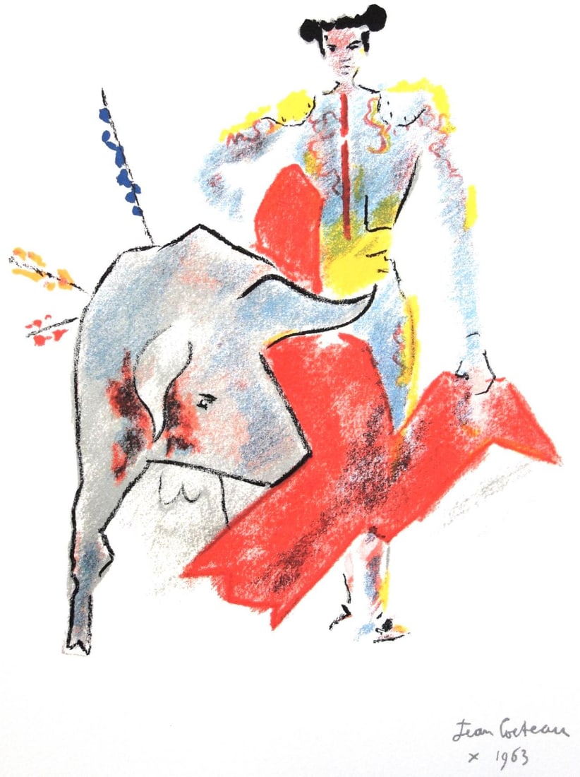 Jean Cocteau, Hommage au matador, Taureaux, Lithographies de Jean Cocteau, Limited Edition: Lithograph on velin de Rives paper. Paper Size: 15 x 11 inches. Inscription: Signed in the plate and unnumbered, as issued. Condition: Very good/excellent, consistent with age. Notes: From the folio,