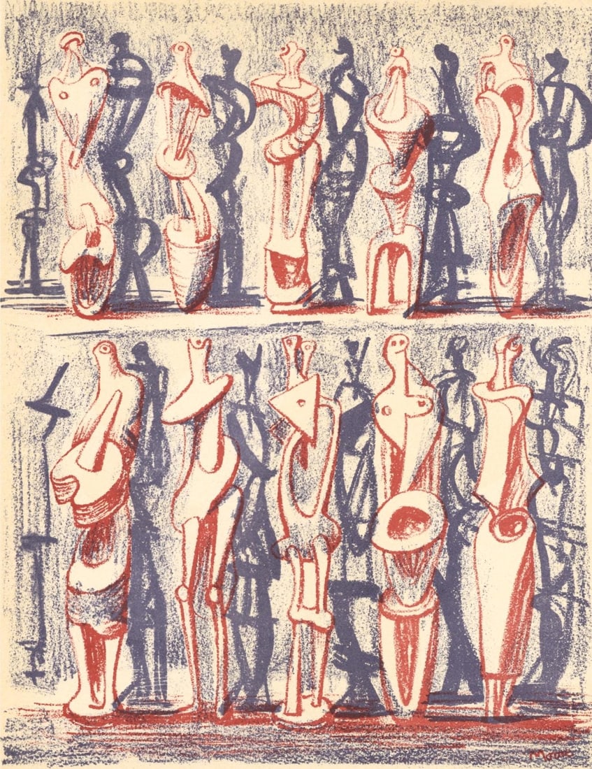 Henry Moore, Red and Blue Standing Figures (Cramer 36), XXe siecle, Limited Edition Lithograph (1 of 4)