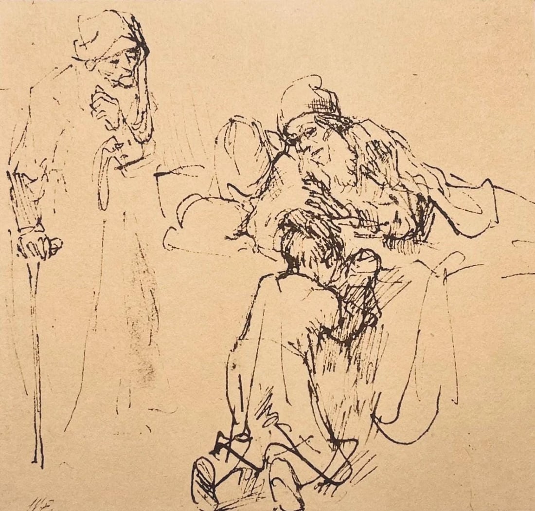 Rembrandt van Rijn, Isaac Blessing Jacob, Drawings from the Bible, Limited Edition Collotype: Collotype on Hamilton Kilmory paper. Unsigned and unnumbered, as issued. Paper Size: 9.5 x 12.5 inches. Excellent condition. Notes: From the folio, Rembrandt, Drawings from the Bible, Thirty-two Collo