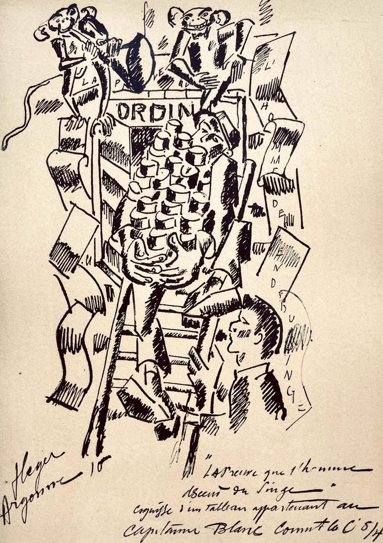 Fernand Leger, La Preuve que l'Homme Descend du Singe, Dessins de Guerre 1915-16, Limited Edition: Lithograph, stencil on velin paper. Paper Size: 10 x 7.75 inches. Inscription: Signed in the plate and unnumbered, as issued. Condition: Very good/excellent, consistent with age. Notes: From the