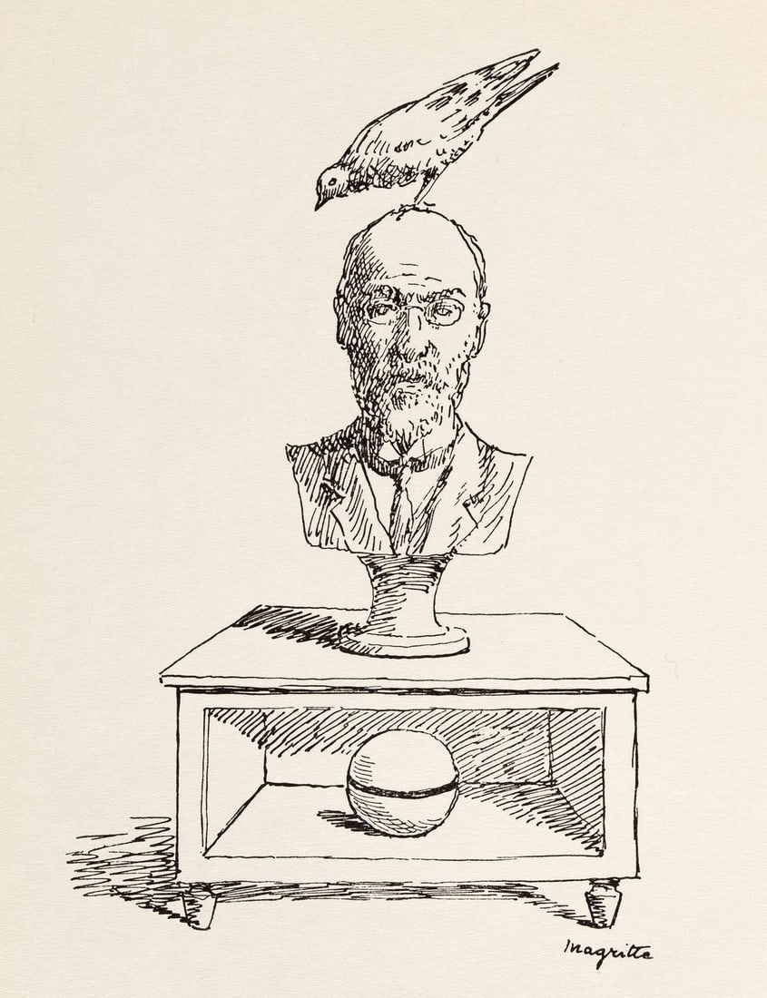 Rene Magritte, Composition, Dix dessins de Rene Magritte, Limited Edition Lithograph: Offset Lithograph on velin du Marais paper. Paper Size: 11 x 8.25 inches. Inscription: Unsigned and unnumbered, as issued. Notes: From the volume, Poemes 1923-1958. Dix dessins de Rene Magritte, 1959.