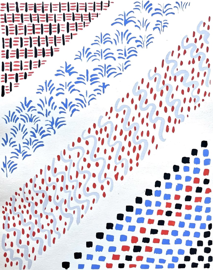 Sonia Delaunay, Planche No. 27, Compositions, couleurs, idees: Sonia Delaunay, Limited Edition: Colour stencil with dense gouache inks on velin paper. Unsigned and unnumbered with printed title-heading designed by Delaunay, upper left, as issued. Paper Size: 12.625 x 9.625 inches. Excellent cond