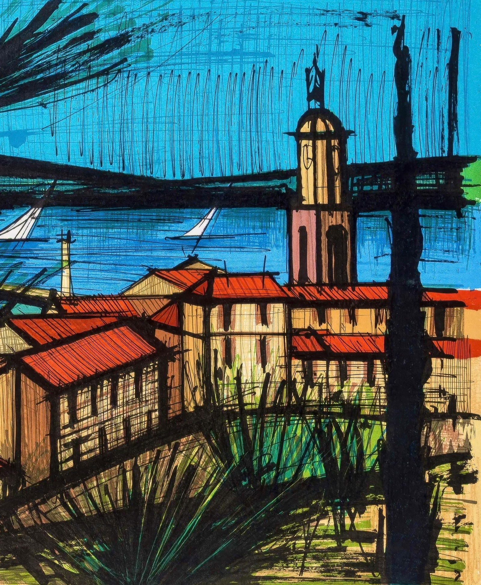 Bernard Buffet, Saint-Tropez, from Lithographs I, Limited Edition Lithograph, 1979: This exquisite lithograph by Bernard Buffet (1928-1999), titled Saint-Tropez (Saint-Tropez), originates from the 1979 album Bernard Buffet, Lithographe I (Bernard Buffet, Lithographer I), published by