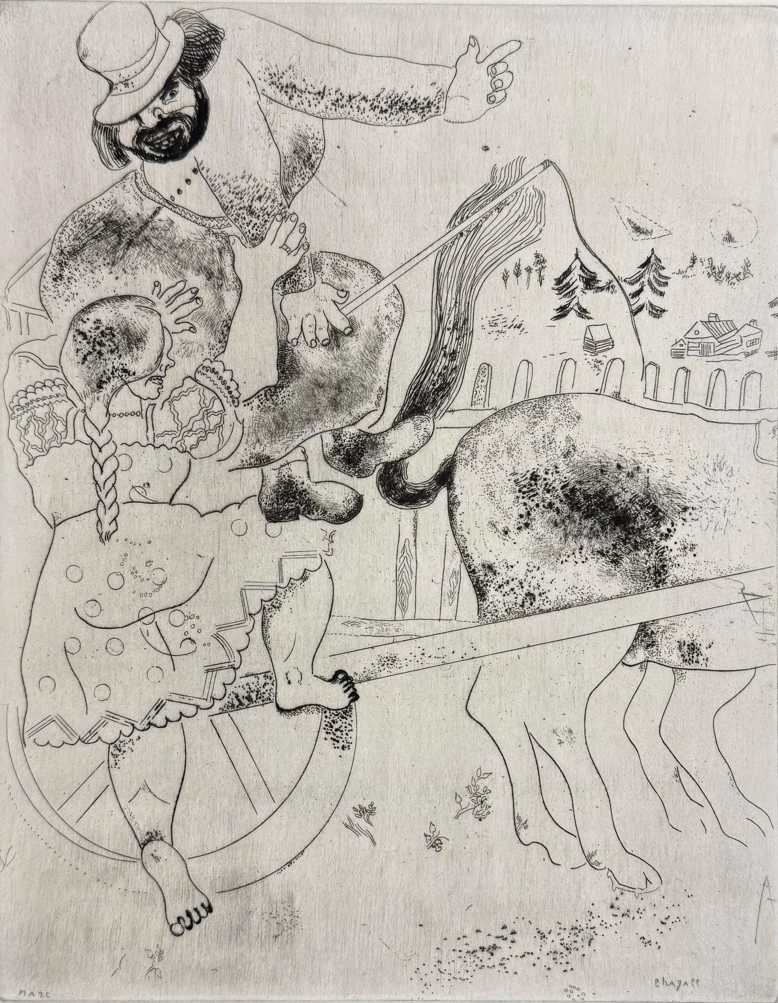 Marc Chagall, The Road Sign, from Dead Souls, Limited Edition Etching, 1923-1927: This exquisite etching by Marc Chagall (1887-1985), titled L'indication de la route (The Road Sign), originates from the celebrated folio Nicolas Gogol, Les Ames mortes, Eaux-fortes originales de Marc