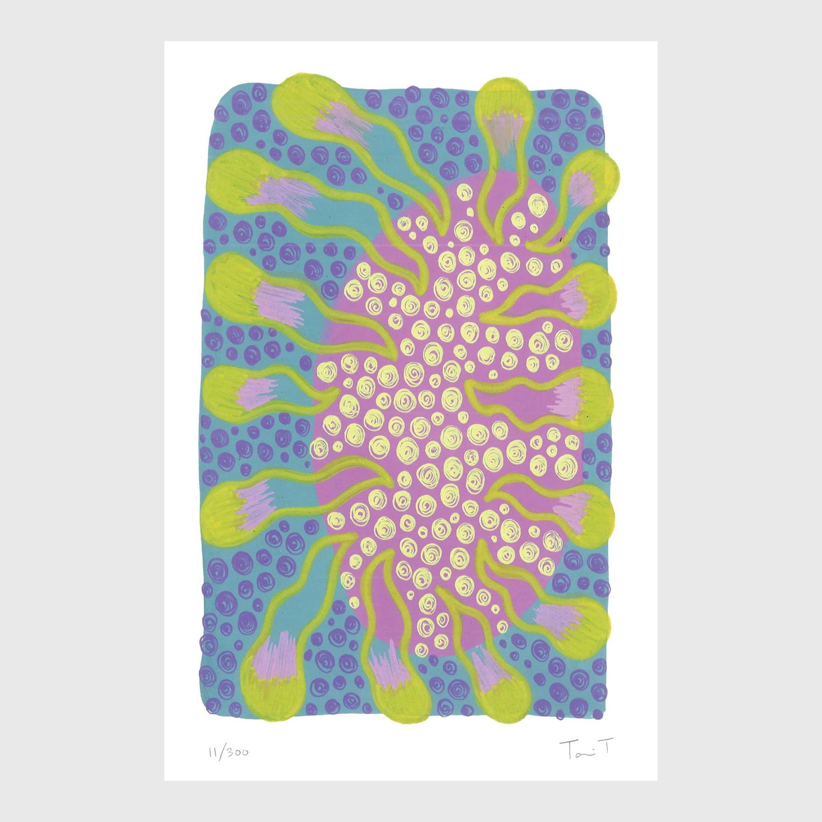 Yellow Drops with Purple Dots: Artist: Tanvi Thakur (1996) Title: Yellow Drops with Purple Dots, Drops With Dots Series Year: 2025 Medium: Archival Pigment Print on Paper Edition: 300 Size: 8 x 12 inches Inscription: Signed and num