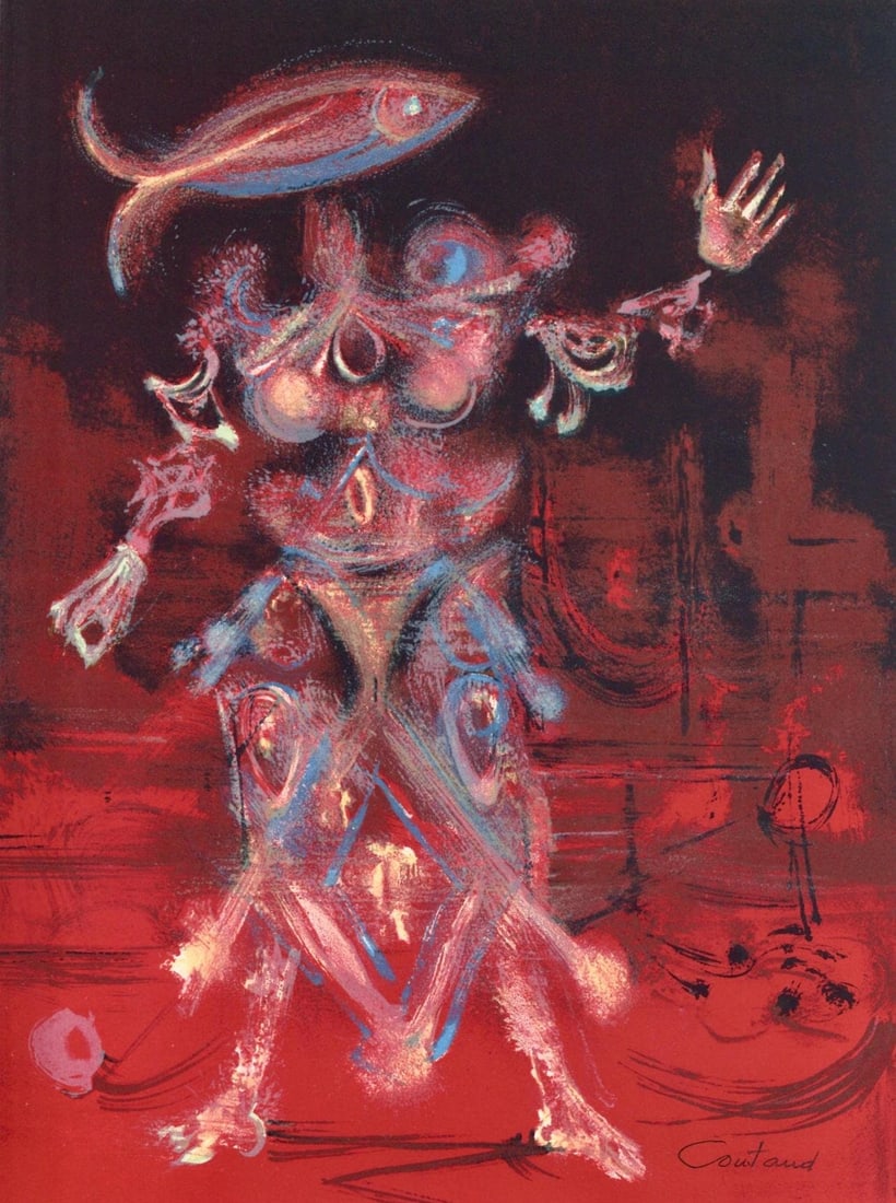 Lucien Coutaud, Composition, Variations sur l'imaginaire, Limited Edition Lithograph: Lithograph on velin de Rives paper. Paper size: 14.5 x 10.75 inches. Excellent condition. Inscription: hand signed and unnumbered, as issued. Notes: From the folio, Variations sur l'imaginaire, 1972.