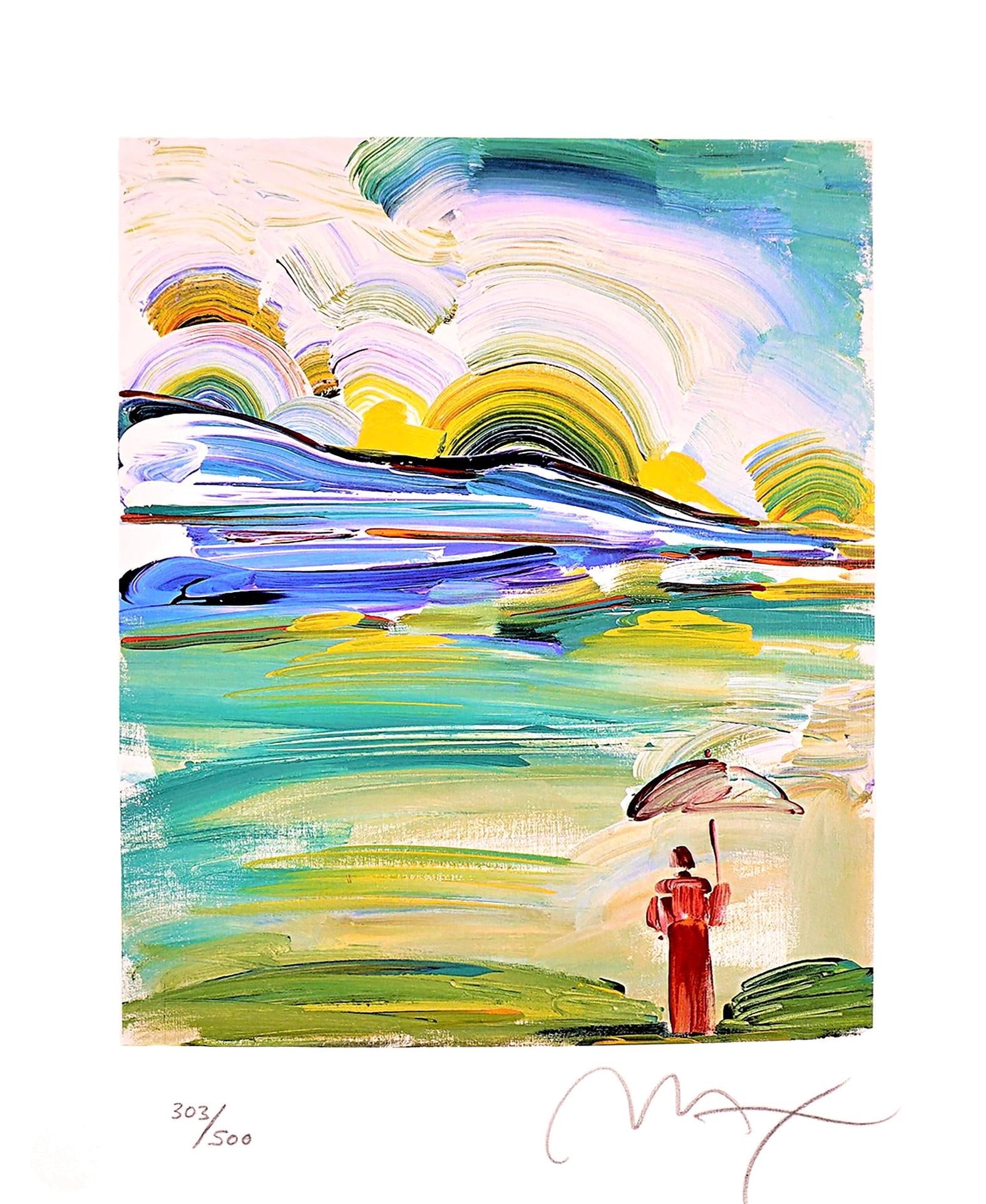 Peter Max, Umbrella Man at Sunrise, Hand Signed, Official Limited Edition Lithograph: Lithograph in colors on Lustro Saxony paper. Paper size: 11 x 9 inches. Inscription: Hand signed by Peter Max and numbered, as issued. Condition: Excellent. Notes: Published and printed by Via Max, In