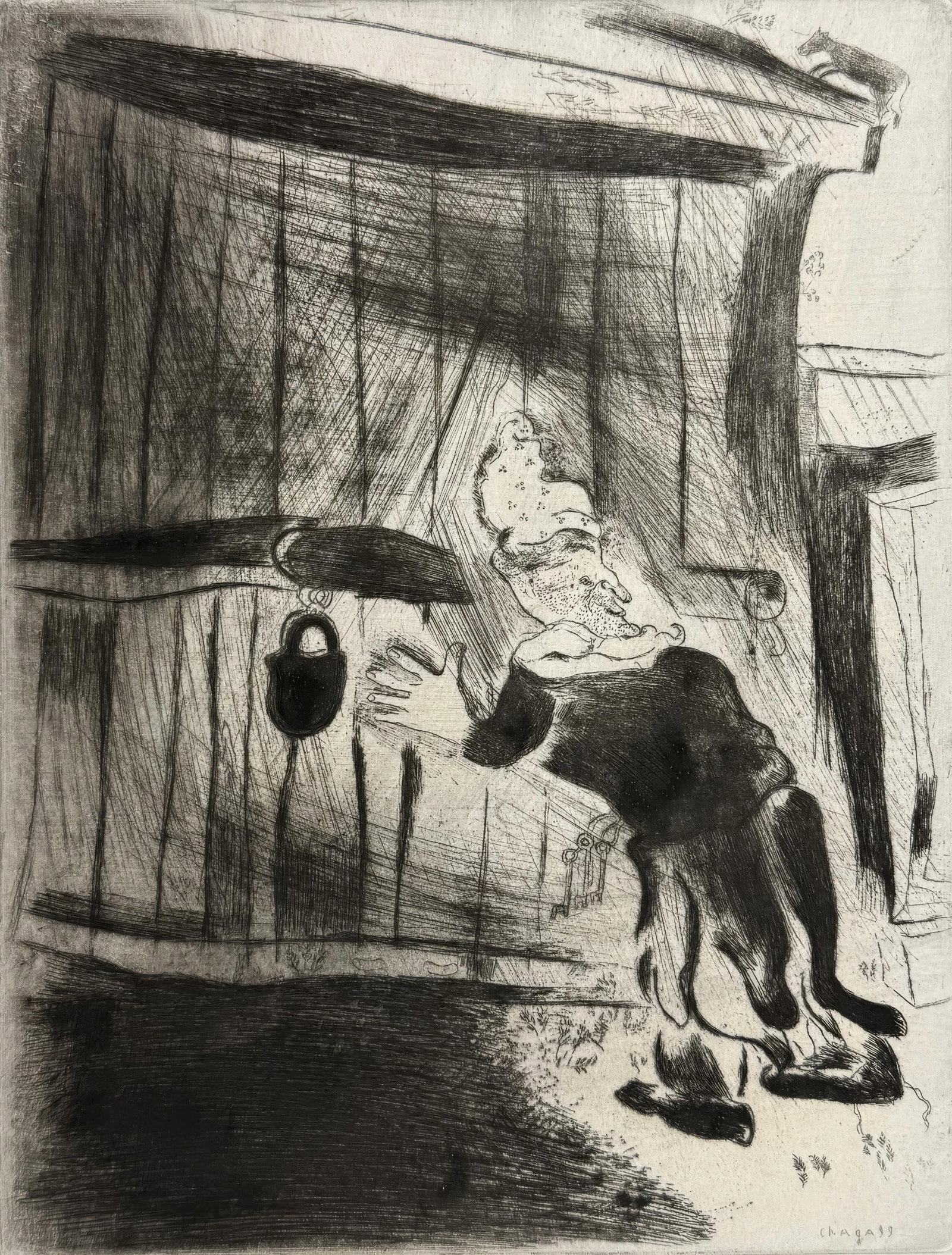 Marc Chagall, Pliouchkine at the Door, from Dead Souls, Limited Edition Etching, 1923-1927 (1 of 4)