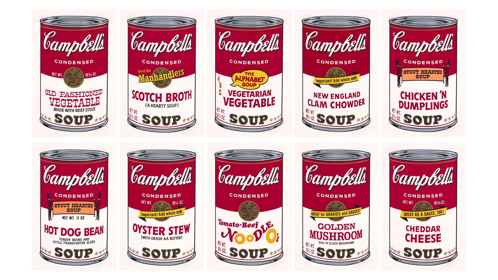 Andy Warhol, Campbell's Soup II, Suite of Ten, Official Limited Edition, Sunday B. Morning,: Official edition, Andy Warhol, Sunday B. Morning, suite of ten silkscreens on museum boards. Paper Size: 35 x 23 inches, each. Excellent condition. Inscription: "published by Sunday B. Morning", and "