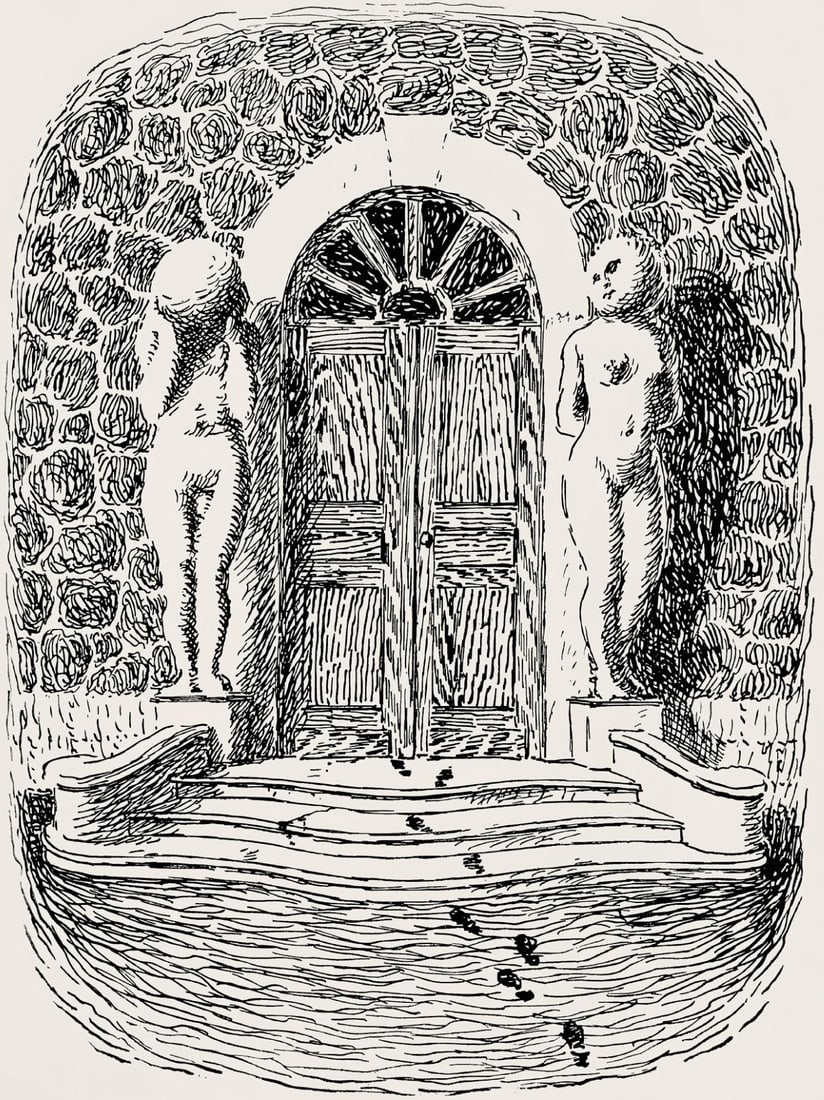 Rene Magritte, Composition, Les chants de Maldoror, Limited Edition Lithograph: Lithograph on velin papier pur chiffon paper. Paper Size: 10 x 7.375 inches. Excellent condition. Inscription: Unsigned and unnumbered, as issued. Notes: From the album, Les chants de Maldoror, illust