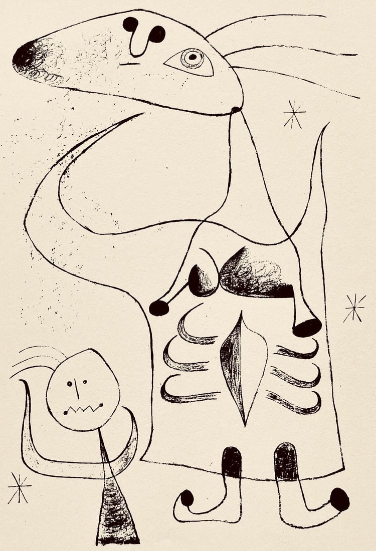 Joan Miro, Composition, The Prints of Joan Miro, Limited Edition Etching: Etching on velin paper. Inscription: Unsigned and unnumbered, as issued. Paper Size: 11 x 8.5 inches. Excellent condition. Notes: From the folio, The Prints of Joan Miro, Fall, 1947. Published by Curt