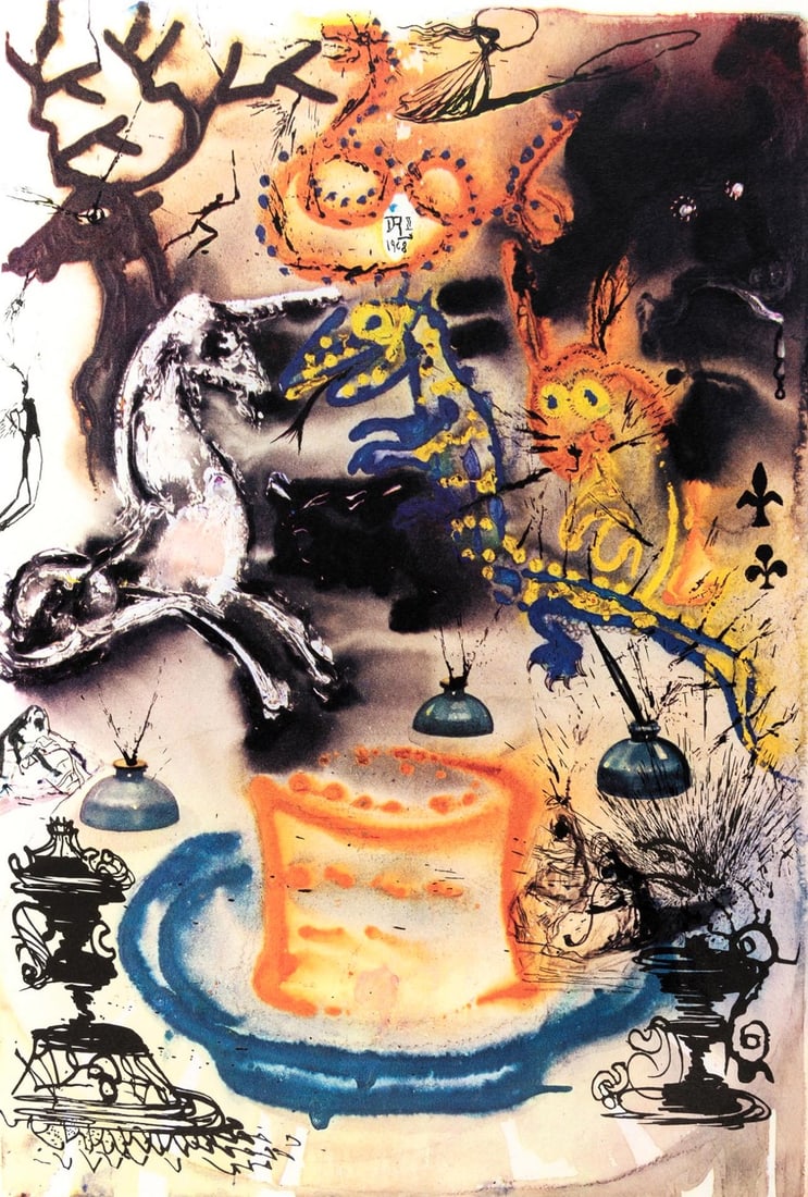 Salvador Dali, Who Stole the Tarts? (Field 69-5, A-M), Alice's Adventures in Wonderland, Limited: Heliogravure on Papeterie de Mandeure velin paper. Paper Size: 16.93 x 11.22 inches. Inscription: Signed in the plate and unnumbered, as issued. Catalogue raisonne references: Dali, Salvador, et al. S