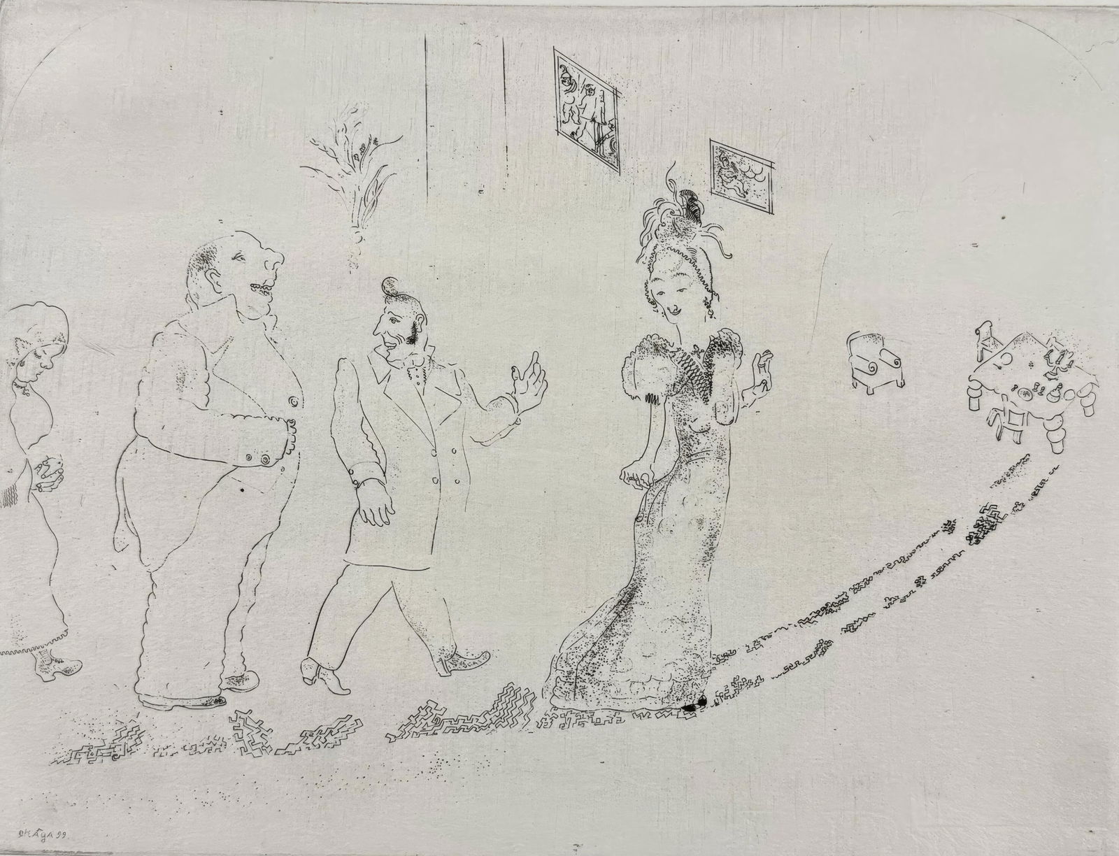 Marc Chagall, Dinner Is Served, from Dead Souls, Limited Edition Etching, 1923-1927: This exquisite etching by Marc Chagall (1887-1985), titled On passe a table (Dinner Is Served), originates from the celebrated folio Nicolas Gogol, Les Ames mortes, Eaux-fortes originales de Marc