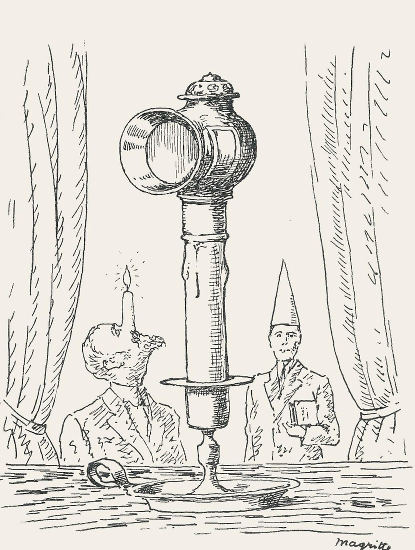 Rene Magritte, Composition, Dix dessins de Rene Magritte, Limited Edition Lithograph: Offset Lithograph on velin du Marais paper. Paper Size: 11 x 8.25 inches. Inscription: Unsigned and unnumbered, as issued. Notes: From the volume, Poemes 1923-1958. Dix dessins de Rene Magritte, 1959.