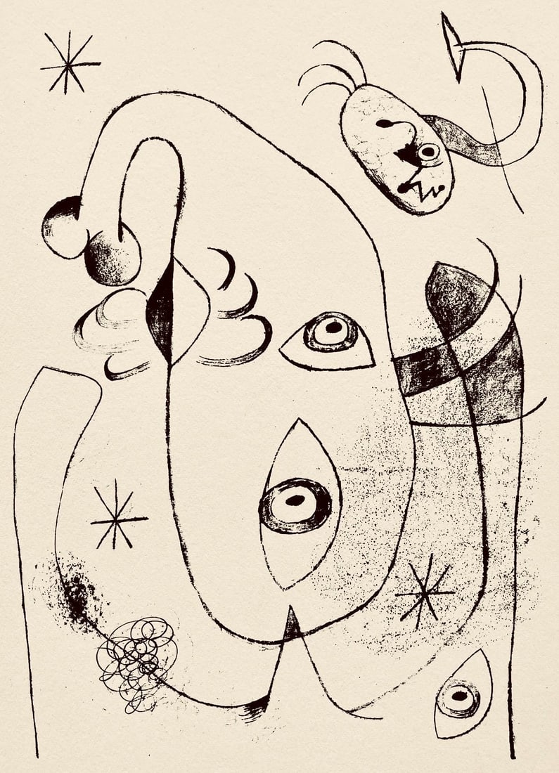Joan Miro, Composition, The Prints of Joan Miro, Limited Edition Etching: Etching on velin paper. Inscription: Unsigned and unnumbered, as issued. Paper Size: 11 x 8.5 inches. Excellent condition. Notes: From the folio, The Prints of Joan Miro, Fall, 1947. Published by Curt