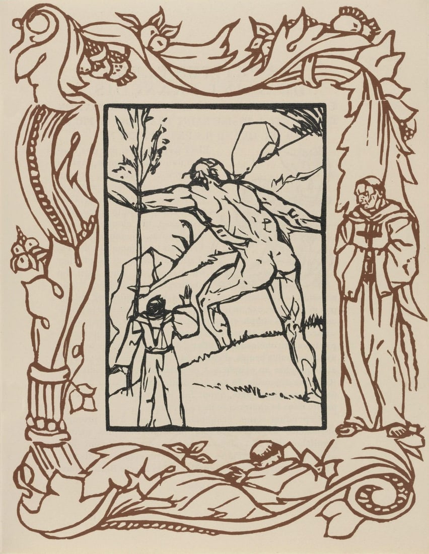 Emile Bernard, Composition (Morane, No. 100), Les Petites Fleurs de St. Francoise, Limited Edition: Wood engraving on verge d'Arches paper. Paper size: 12.8125 x 9.8125 inches. Excellent condition. Unsigned and unnumbered, as issued. Notes: From the volume, Les Petites Fleurs de St. Francois, 1928.