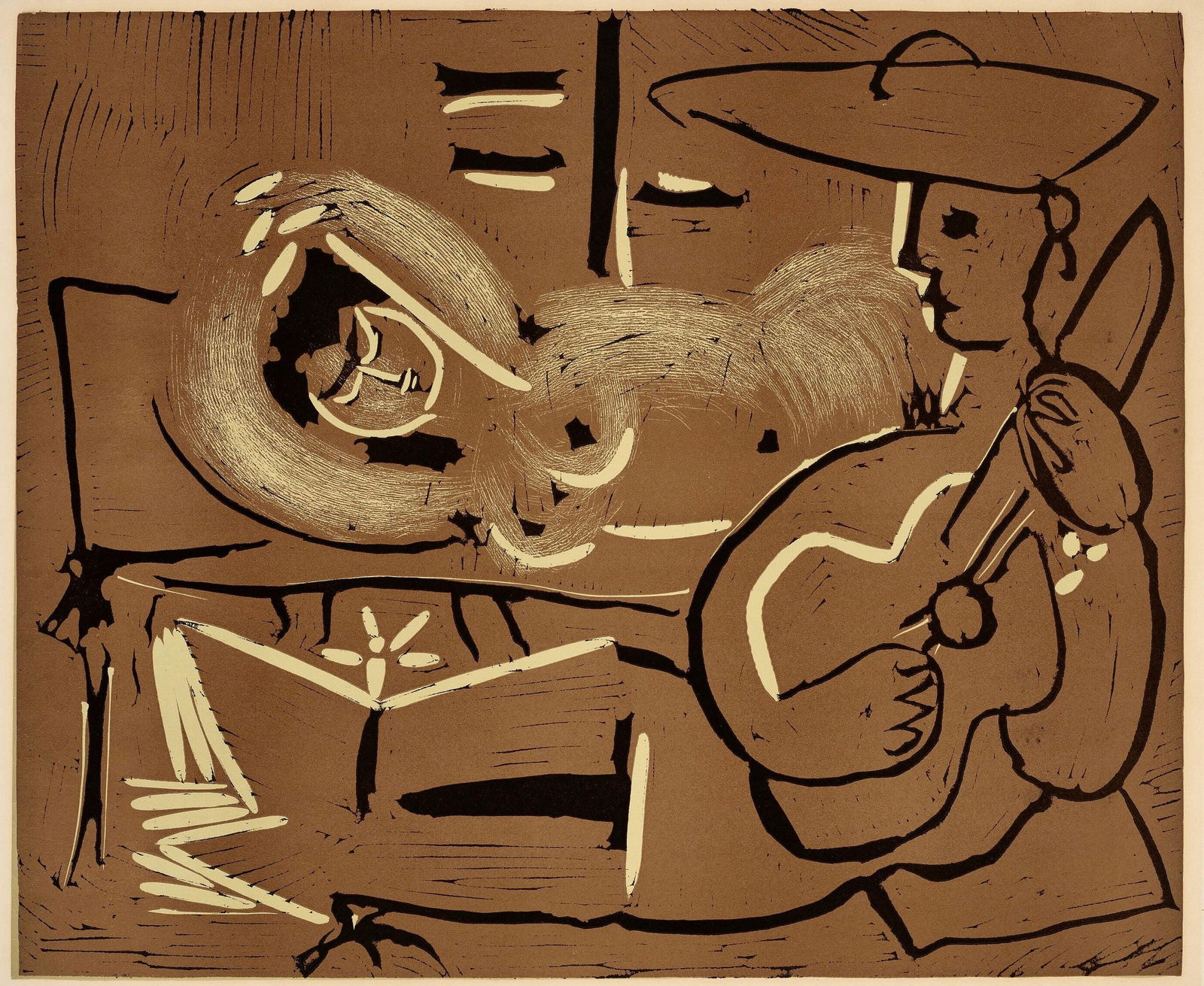 Pablo Picasso, Femme couchee et guitariste (Orozco 214), Grabados al linoleo, Limited Edition (1 of 4)