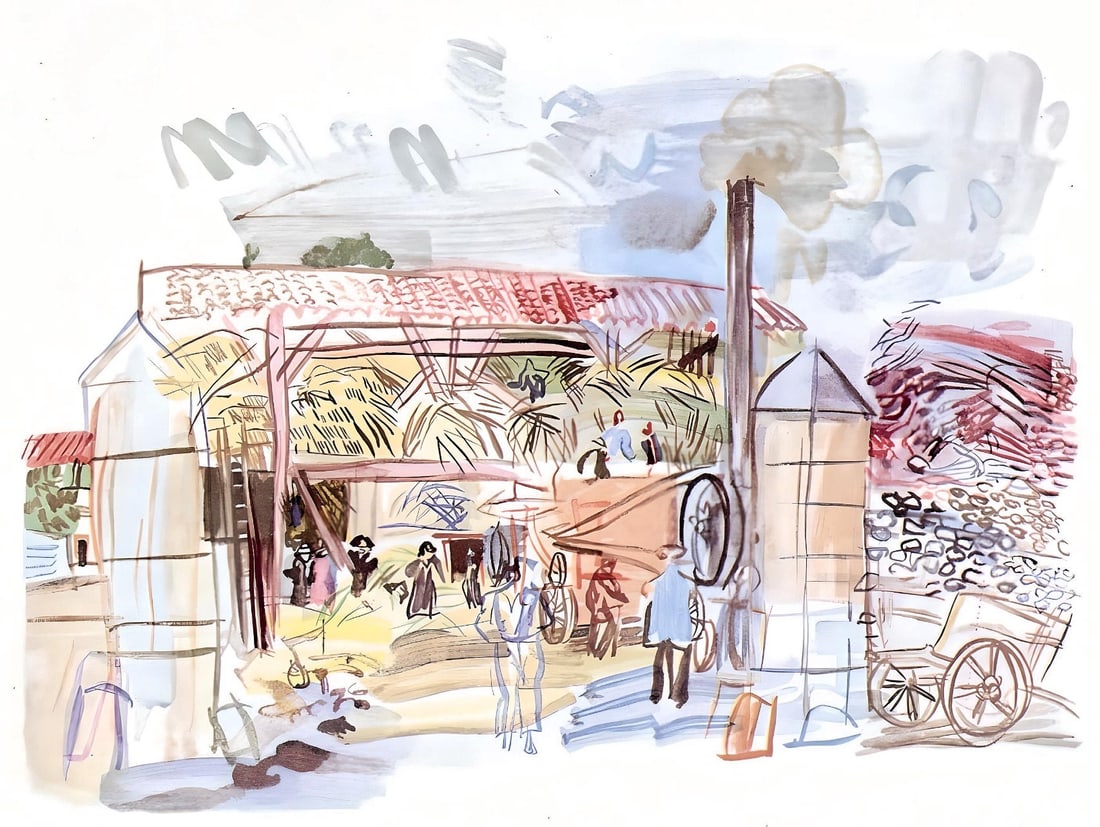 Raoul Dufy, A la batteuse, Vacances forcees: Lithograph on papier bouffant des Papeteries de Casteljoux paper. Paper Size: 12 x 9.25 inches. Excellent condition. Unsigned and unnumbered, as issued. Notes: From the folio, Vacances forcees 1970. P