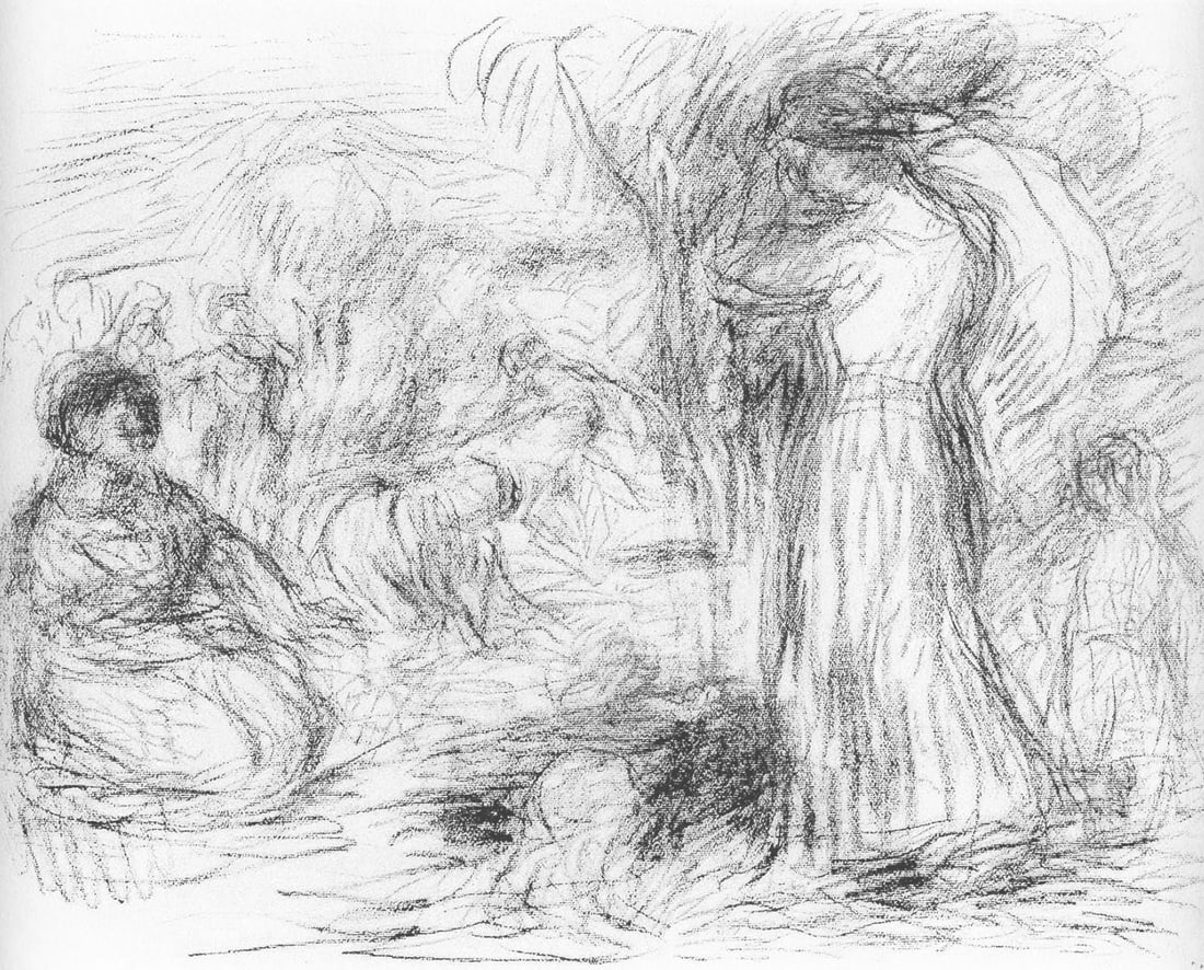 Pierre-Auguste Renoir, Les Laveuses, Les Lithographies de Renoir, Limited Edition Lithograph: Lithograph on grand velin Renage filigrane a la marque de l'editeur paper. Inscription: Unsigned and unnumbered, as issued. Paper Size: 12.5 x 9.5 inches; image size: 6.69 x 9.05 inches. Condition: Ve