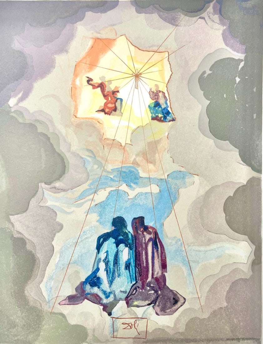 Salvador Dali, Paradies XV (Michler/Lopsinger 1039-1138; Field 189-200), Die Gottliche Komodie,: Woodcut in colors on velin de Rives BFK paper, mounted on velin d'Arches support, as issued. Paper size: 13 x 10.375 inches. Inscription: Signed in the block, and unnumbered, as issued. Catalogue rais