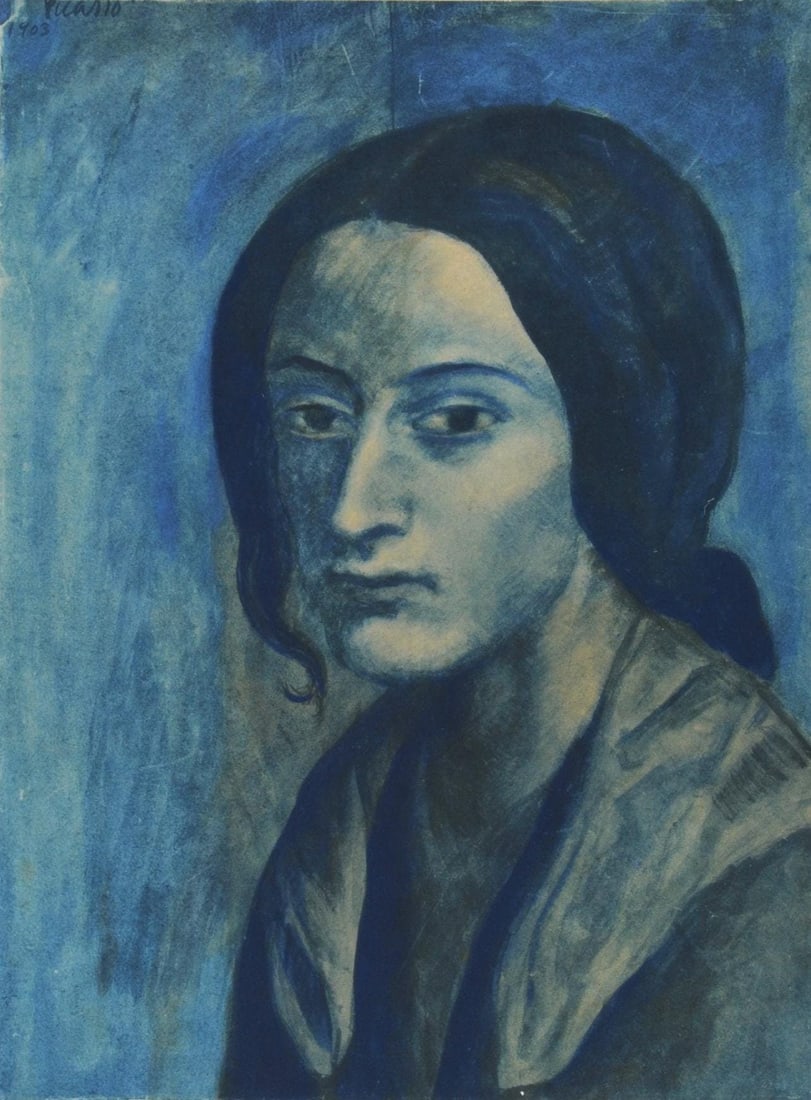 Pablo Picasso, Composition, Les Bleus de Barcelone, Limited Edition Lithograph: Lithograph and stencil with gouache and pastel inks on velin de Rives paper, archivally hinged on velin de Rives backing sheet, as issued. Paper size: 21.34 x 16.5 inches. Excellent condition. Inscrip