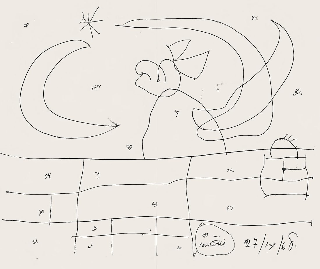 Joan Miro, Composition (Mourlot 872-881; Cramer 164), El tapis de Tarragona, Limited Edition: Lithograph on velin Sarrio paper. Paper size: 11.81 x 17.72 inches. Excellent condition, with centerfold, as issued. Unsigned and unnumbered, as issued. Notes: From the folio, Tapis De Tarragona, il.l