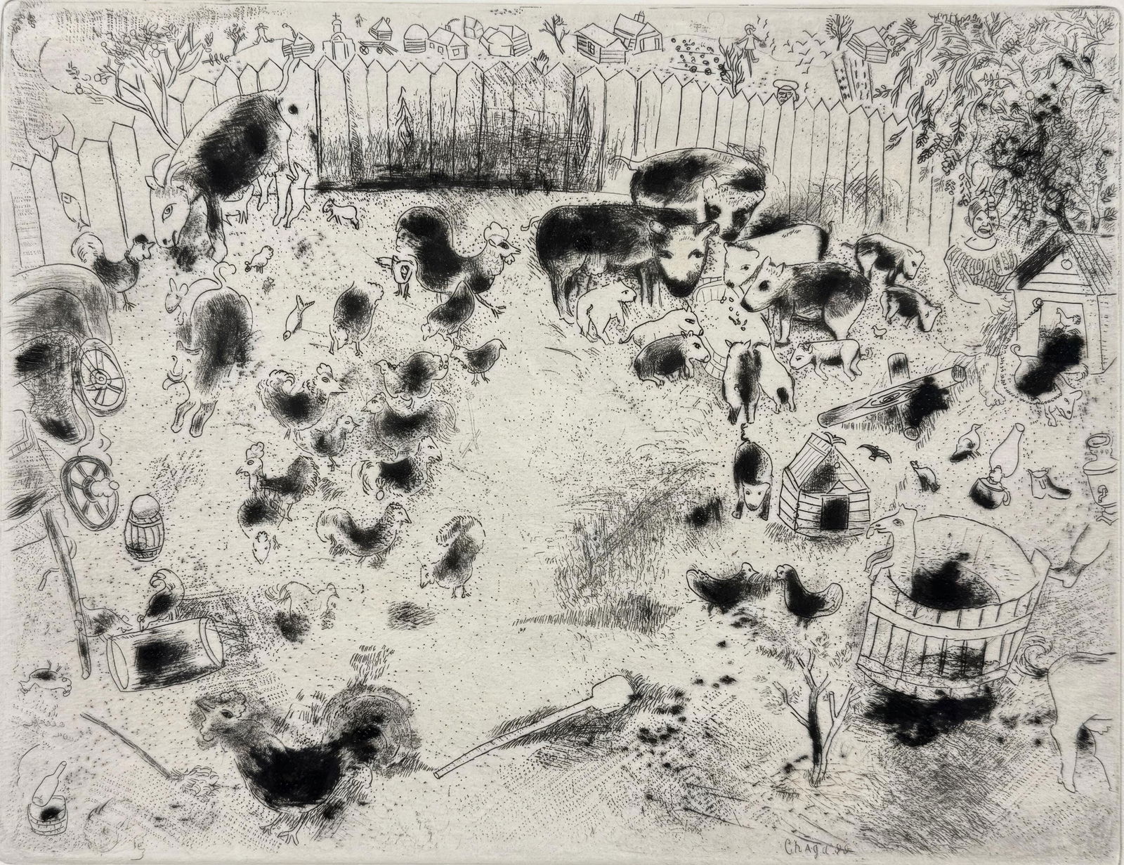Marc Chagall, The Farmyard, from Dead Souls, Limited Edition Etching, 1923-1927 (1 of 4)