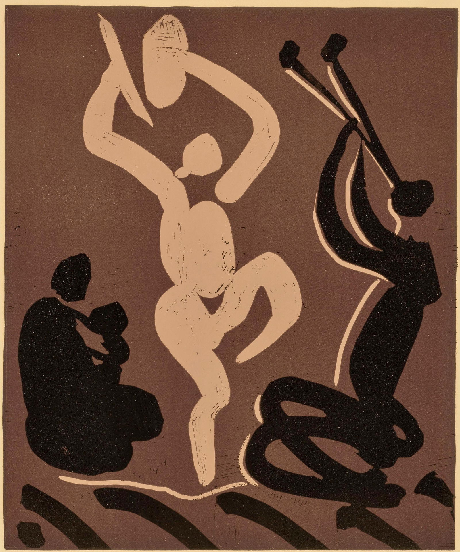 Pablo Picasso, Mere, danseur et musicien (Orozco 214), Grabados al linoleo, Limited Edition Linocut: Linocut on velin paper. Paper Size: 12.5 x 14.5 inches; image size: 10.5 x 8.75 inches. Inscription: Unsigned and unnumbered, as issued. Catalogue raisonne reference: Orozco, M. (2018). Picasso. 70