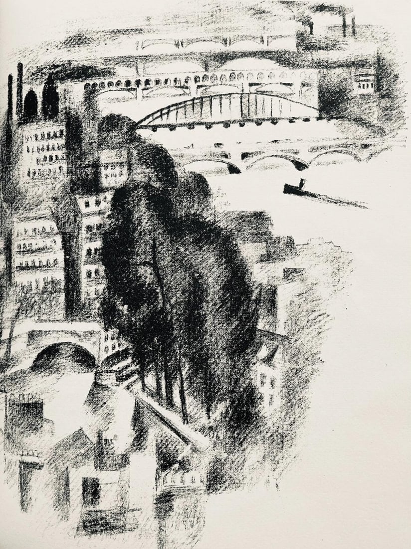 Robert Delaunay, Ponts et passerelle de Passy (Habasque 720-728), Allo! Paris!, Limited Edition: Lithograph on velin d'Arches paper. Paper Size: 11 x 9 inches. Excellent condition. Inscription: Unsigned and unnumbered, as issued. Notes: From the volume, Allo! Paris!, 1926. Published by Editions