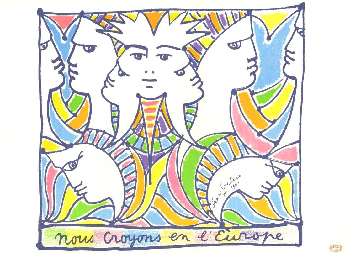 Jean Cocteau, Composition, Nous croyons en l'Europe, Limited Edition Silkscreen: Silkscreen on velin papier Ingres de chez Arjomari-Prioux paper. Paper size: 12.99 x 17.32 inches. Excellent condition. Inscription: signed in the plate and unnumbered, as issued. Notes: from the foli