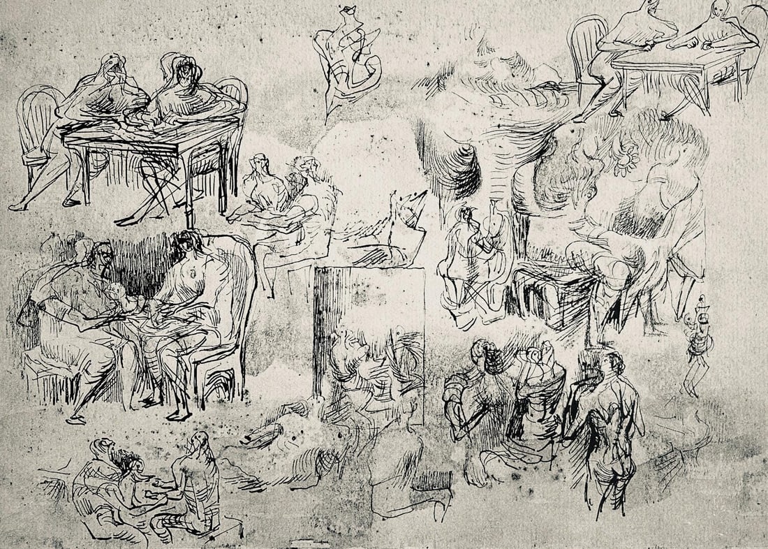 Henry Moore, Page from Sketchbook, The Drawings of Henry Moore, Limited Edition Lithograph: Lithograph on velin paper. Paper size: 12.5 x 13.5 inches. Excellent condition. Unsigned and unnumbered, as issued. Notes: From the folio, The Drawings of Henry Moore, 1946. Published by Curt Valentin